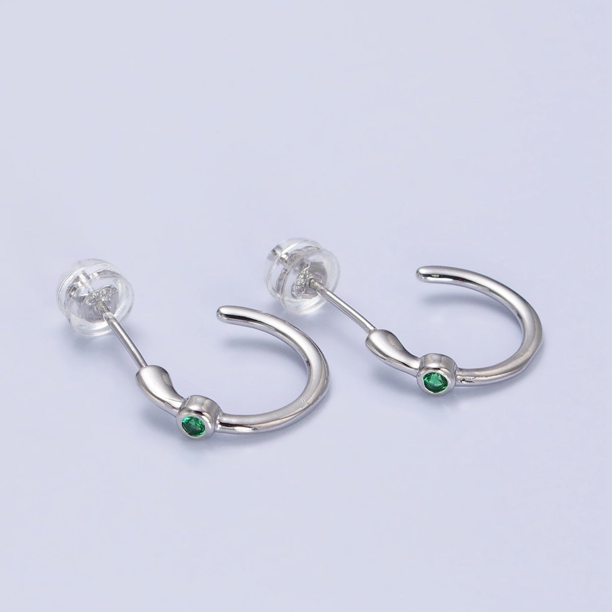 Gold, Silver Green CZ C-Shaped 14mm Minimalist Hoop Earrings in Gold & Silver | AB377 AB400