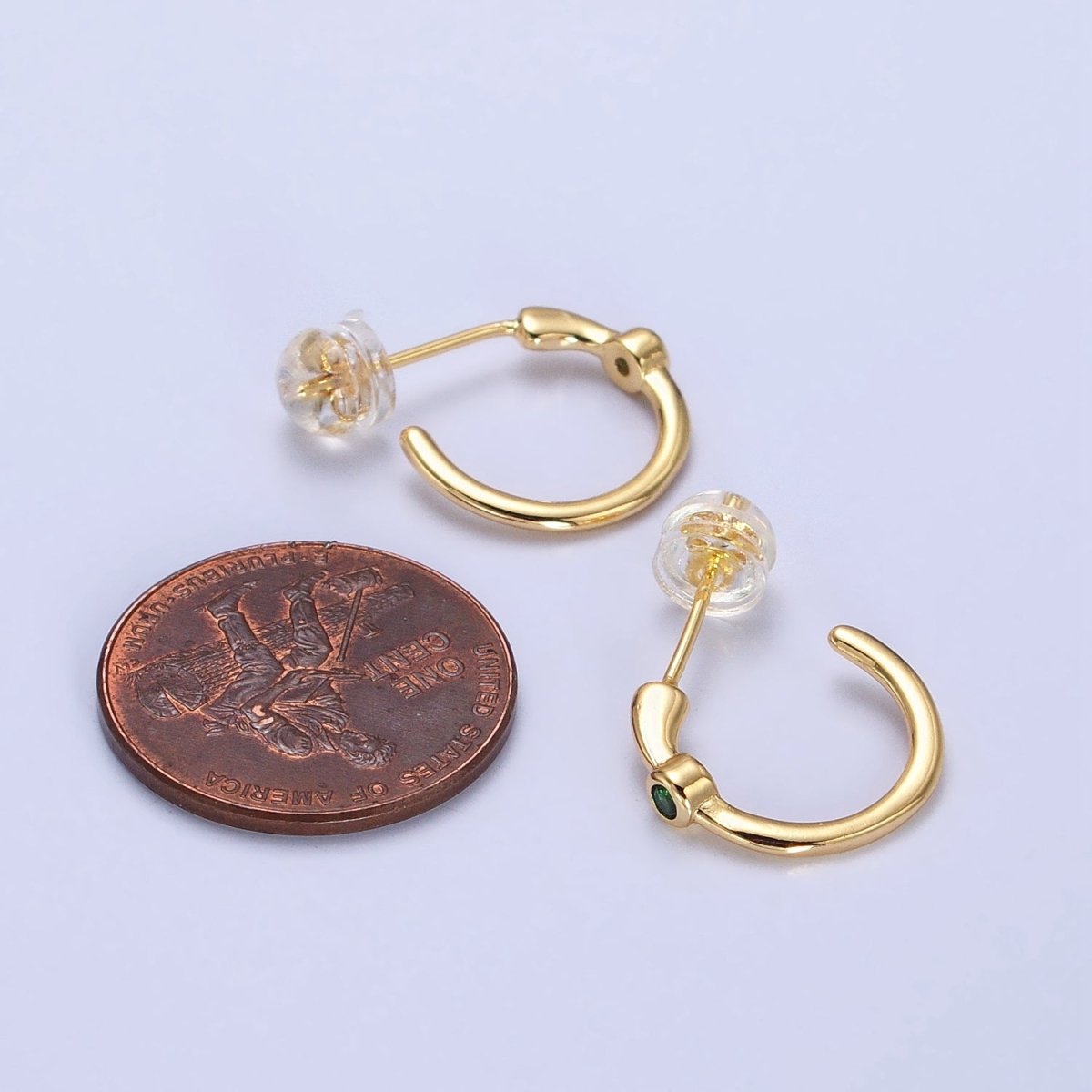 Gold, Silver Green CZ C-Shaped 14mm Minimalist Hoop Earrings in Gold & Silver | AB377 AB400