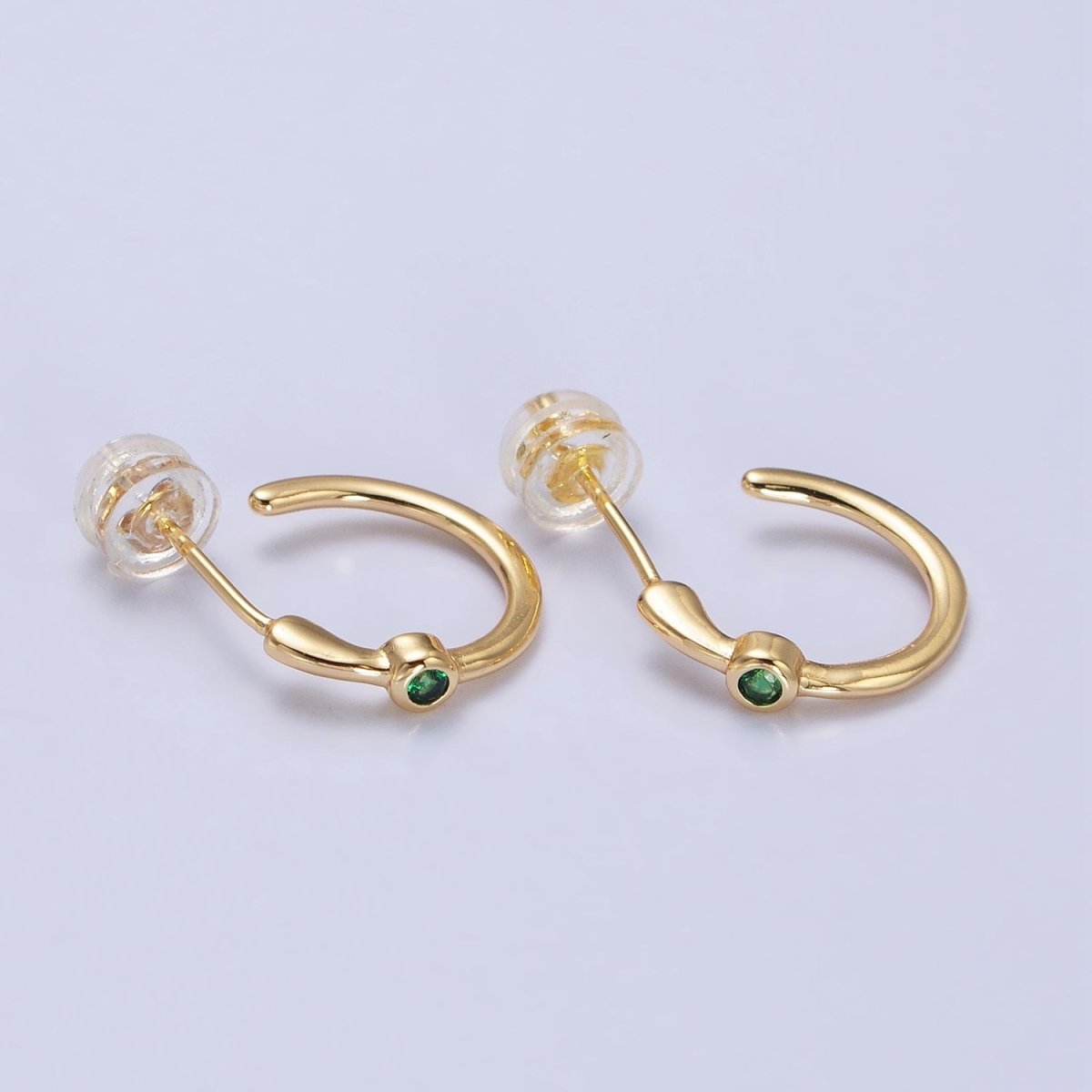 Gold, Silver Green CZ C-Shaped 14mm Minimalist Hoop Earrings in Gold & Silver | AB377 AB400