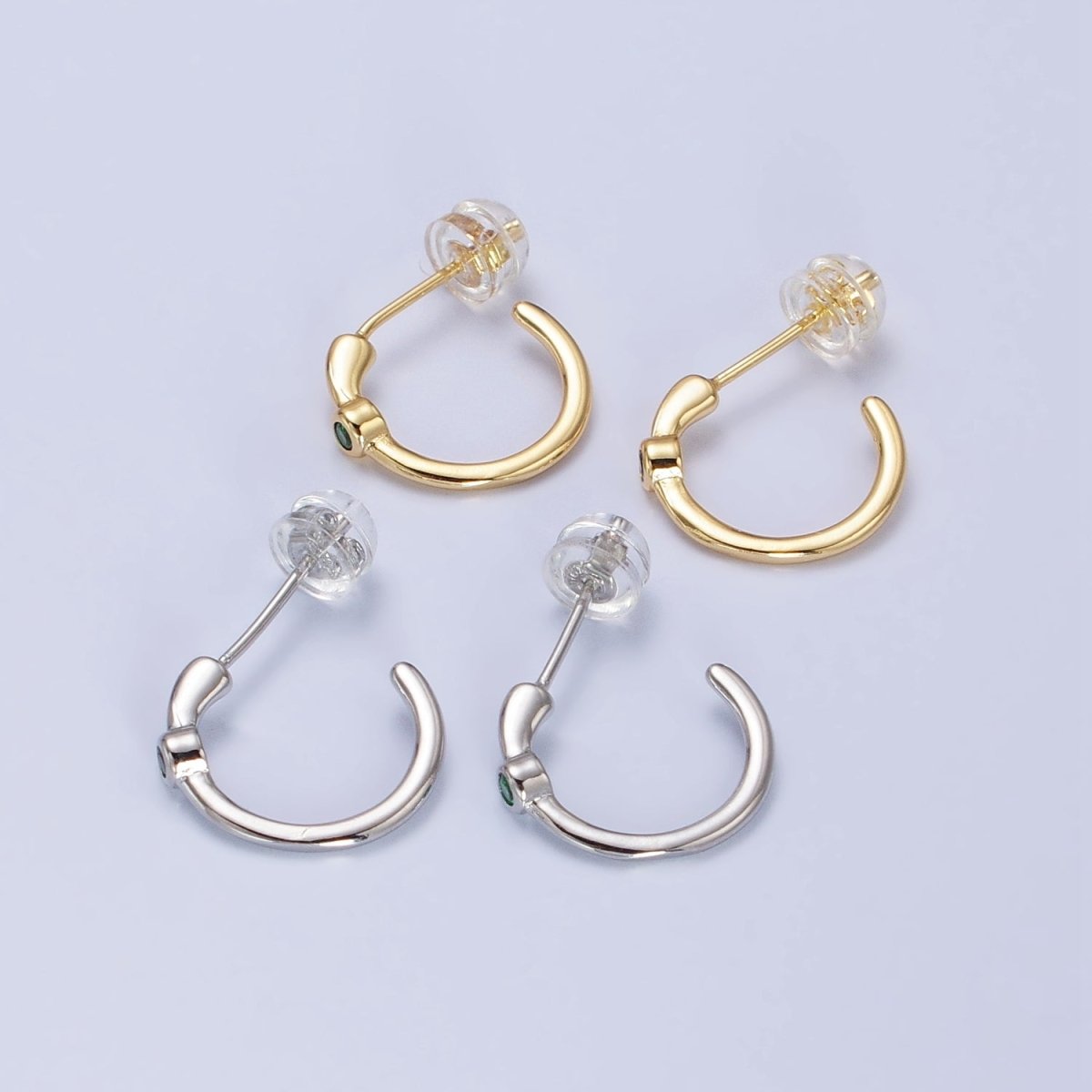 Gold, Silver Green CZ C-Shaped 14mm Minimalist Hoop Earrings in Gold & Silver | AB377 AB400