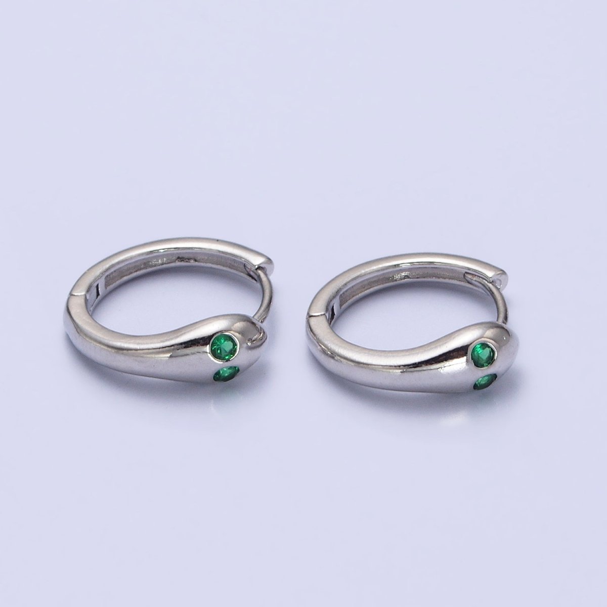 Gold, Silver Green-Eyed CZ Snake Serpent Minimalist Huggie Earrings | AB557 AB558