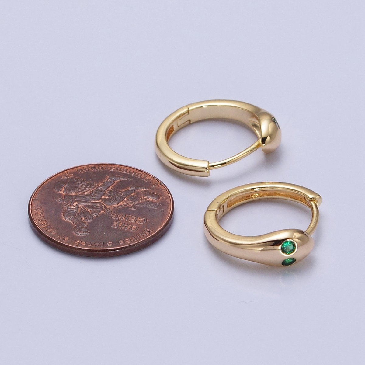 Gold, Silver Green-Eyed CZ Snake Serpent Minimalist Huggie Earrings | AB557 AB558
