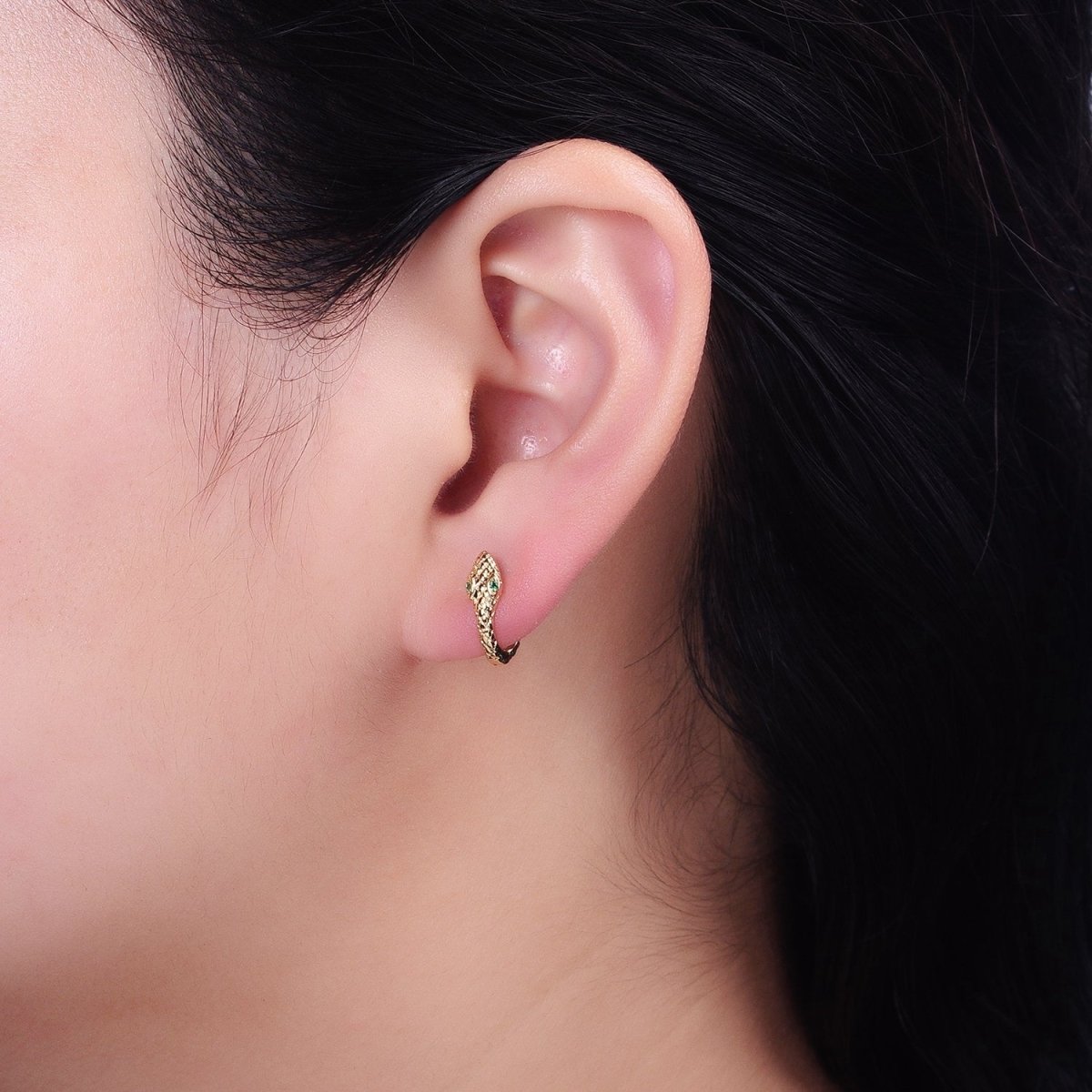 OS Gold, Silver Green-Eyed Scaled Snake Serpent 11mm Cartilage Huggie Earrings | AB751 AB-850