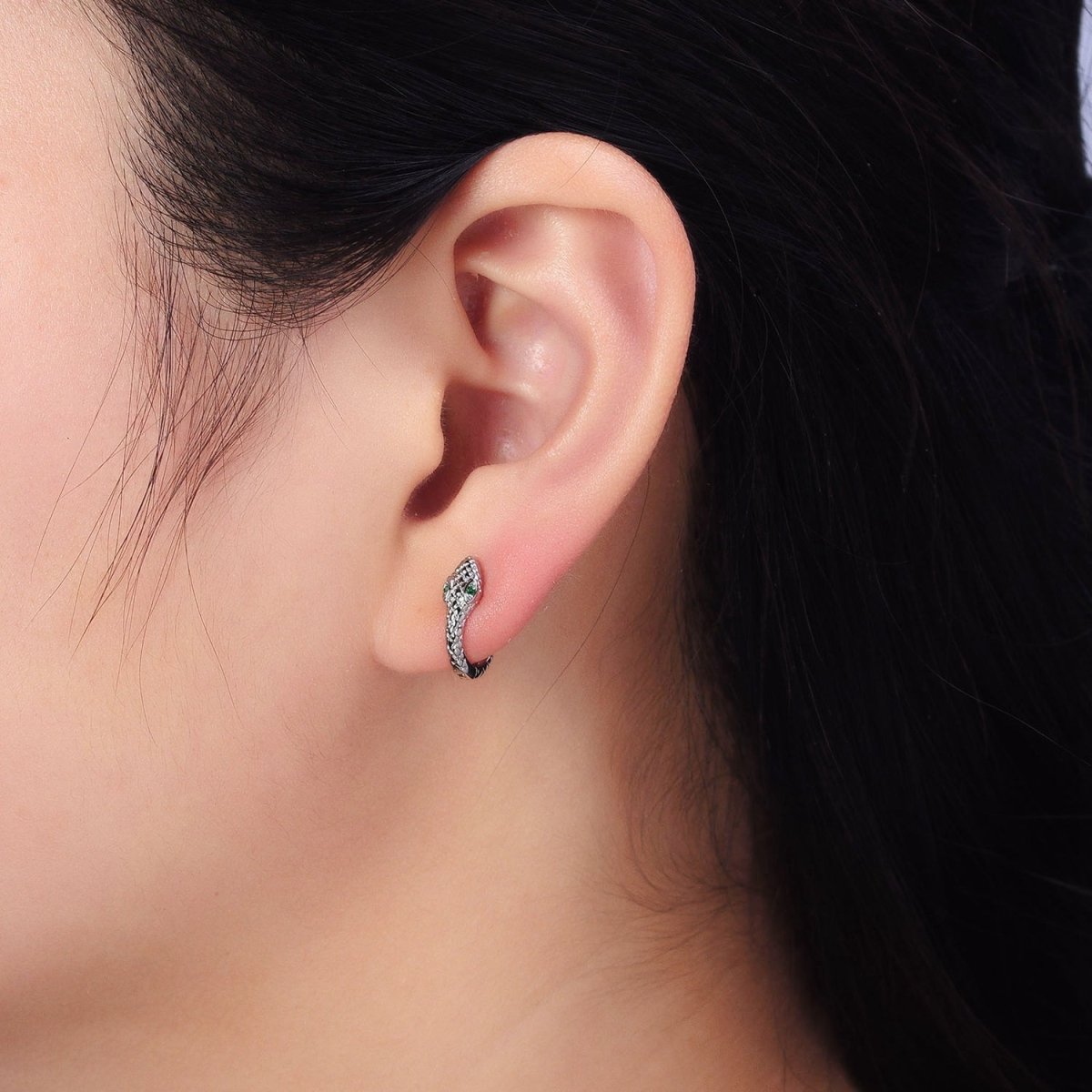 OS Gold, Silver Green-Eyed Scaled Snake Serpent 11mm Cartilage Huggie Earrings | AB751 AB-850