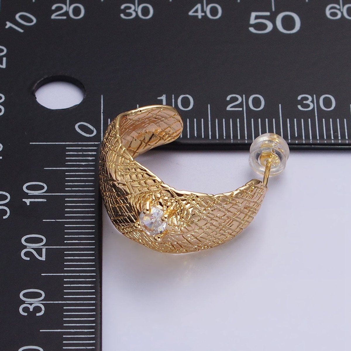 Gold, Silver Hammered Line Textured Round Clear CZ C-Shaped Hoop Earrings | AB637 AB638