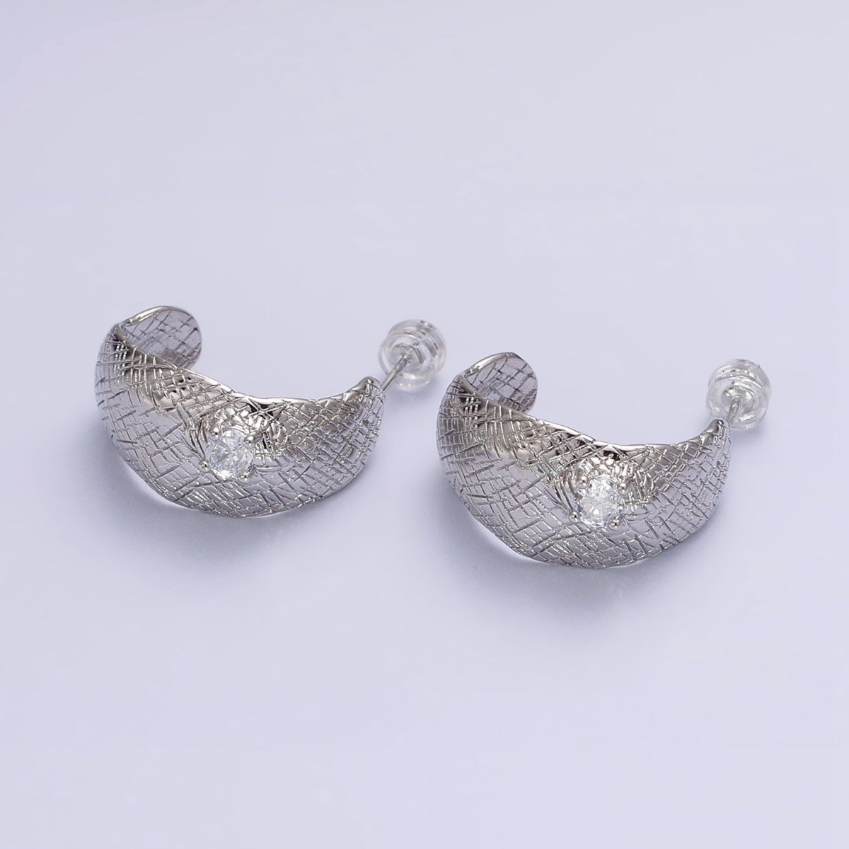 Gold, Silver Hammered Line Textured Round Clear CZ C-Shaped Hoop Earrings | AB637 AB638