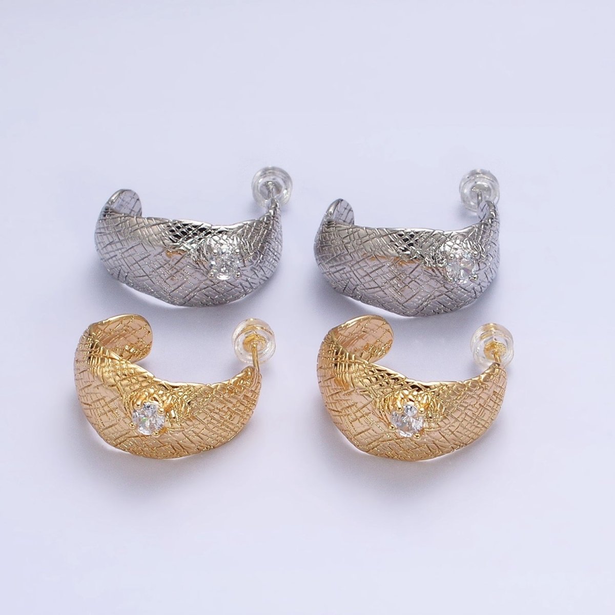 Gold, Silver Hammered Line Textured Round Clear CZ C-Shaped Hoop Earrings | AB637 AB638