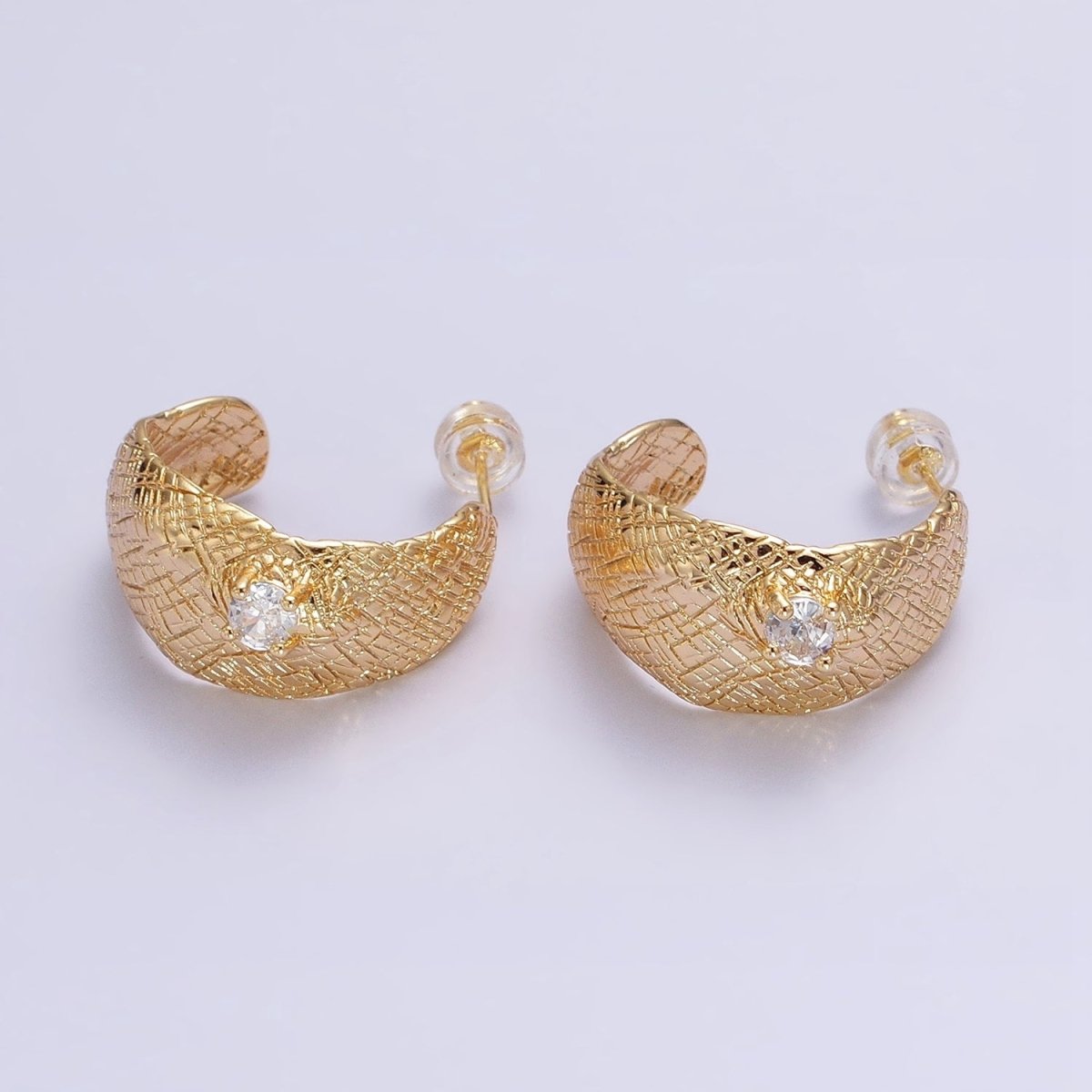 Gold, Silver Hammered Line Textured Round Clear CZ C-Shaped Hoop Earrings | AB637 AB638