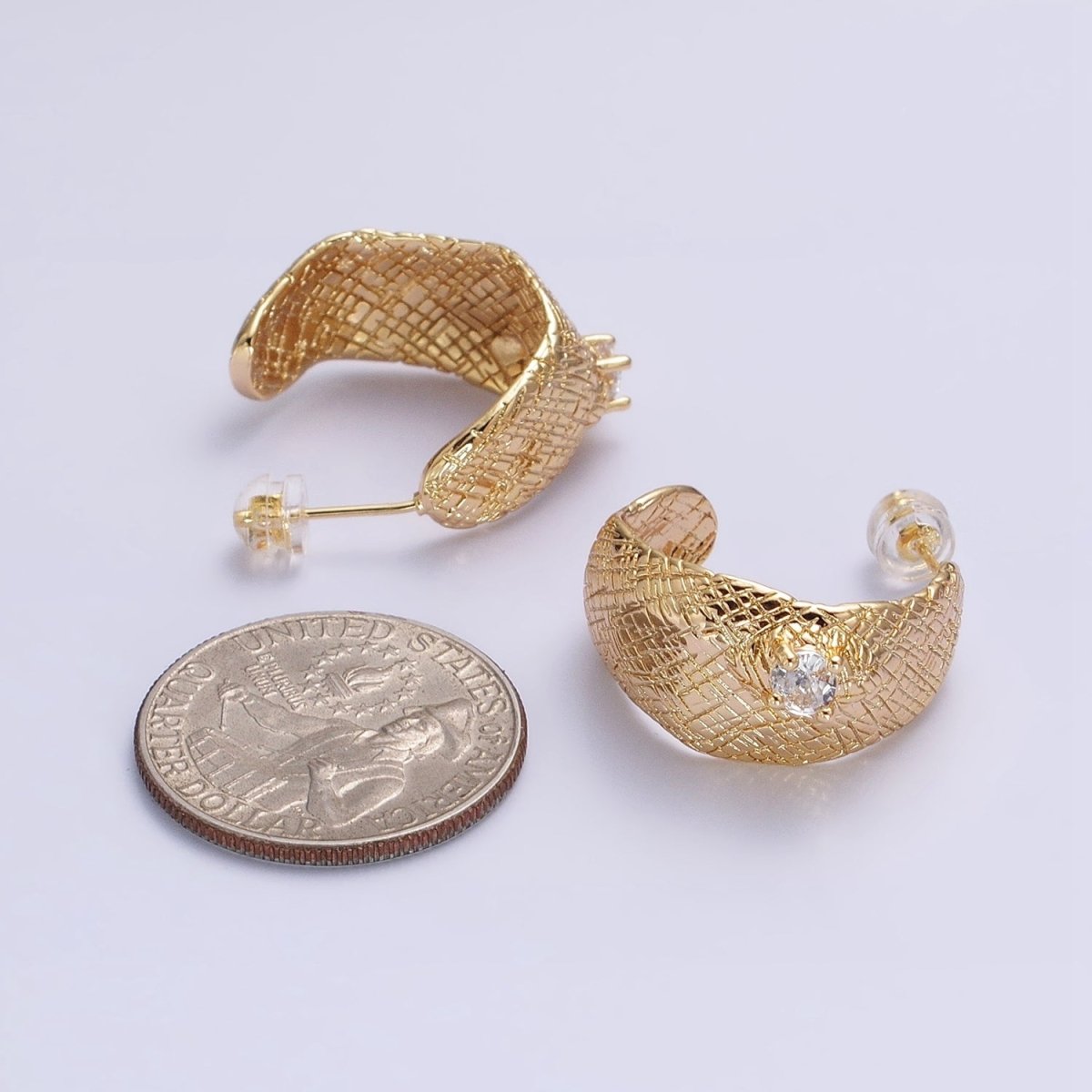 Gold, Silver Hammered Line Textured Round Clear CZ C-Shaped Hoop Earrings | AB637 AB638