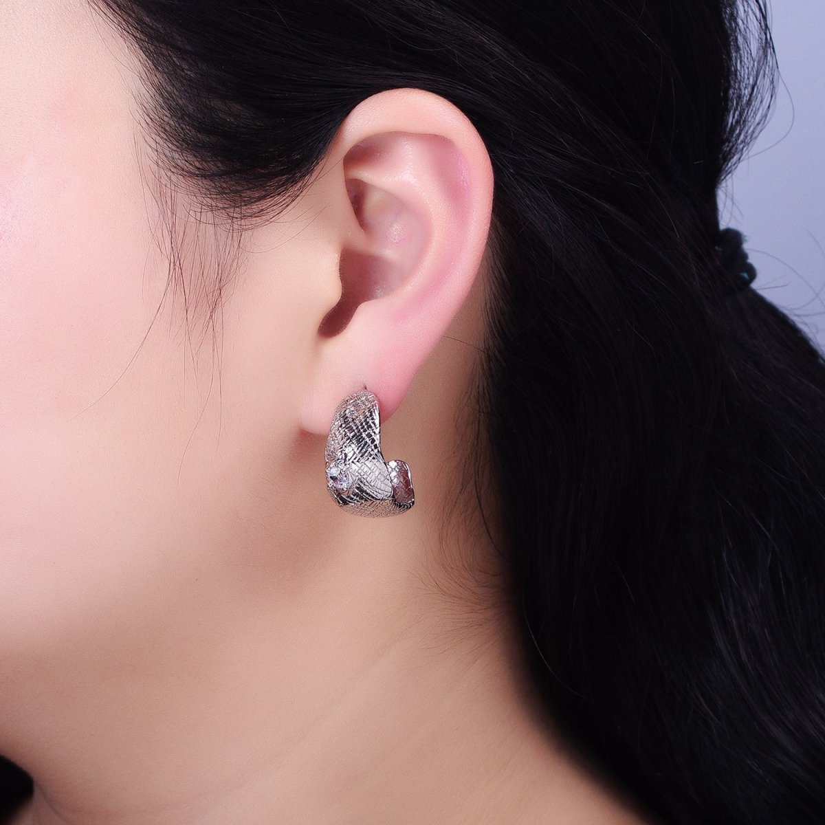 Gold, Silver Hammered Line Textured Round Clear CZ C-Shaped Hoop Earrings | AB637 AB638