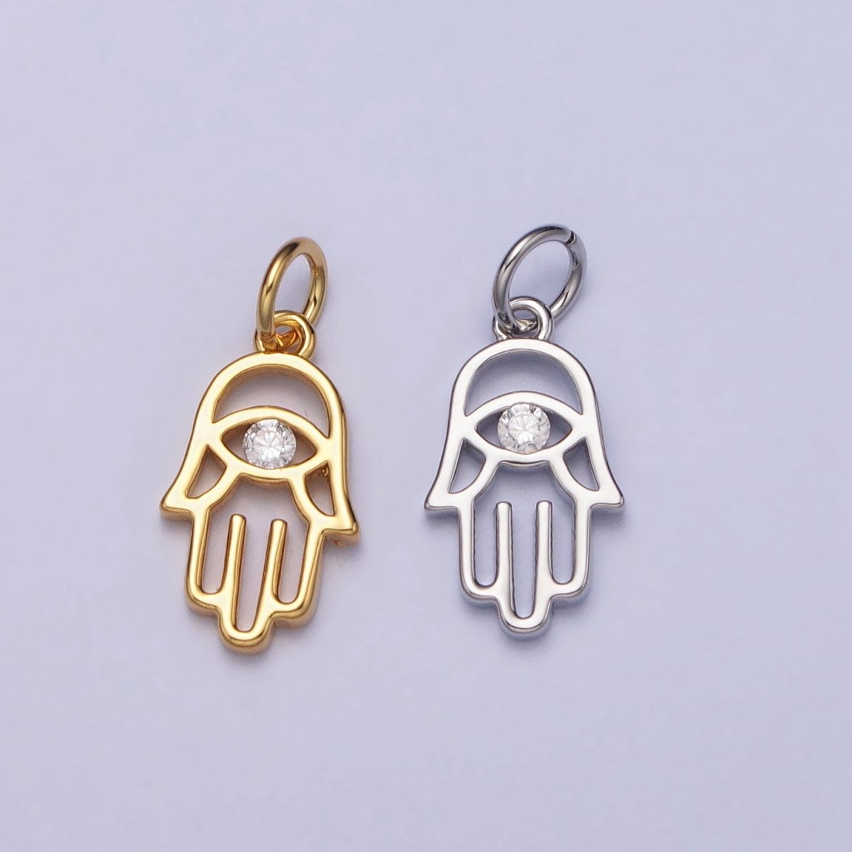 Gold, Silver Hamsa Hand Clear CZ Open Add-On Charm in Gold & Silver | AC408 AC409
