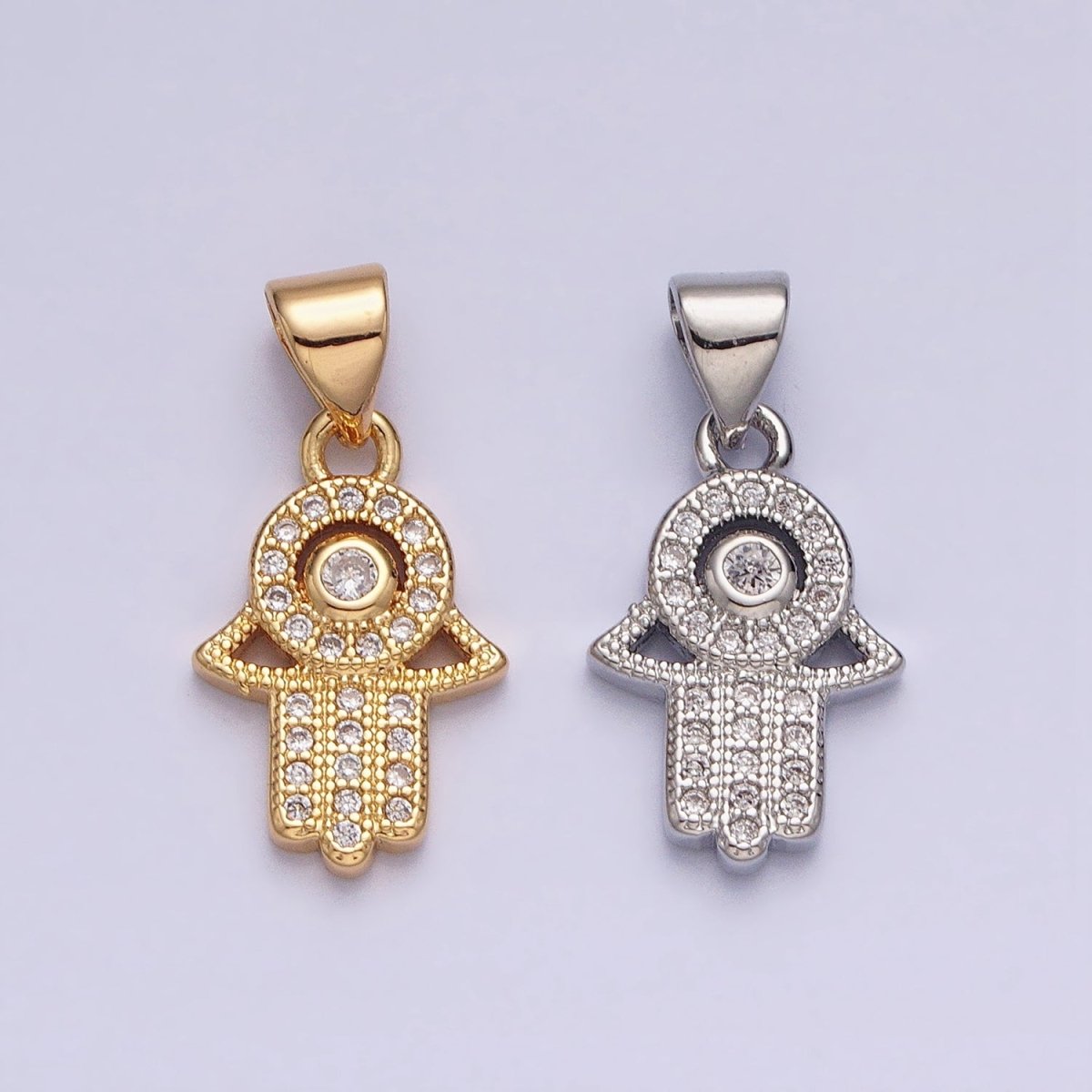 Gold, Silver Hamsa Hand Evil Eye Clear CZ Micro Paved Pendant | AA359 AA360