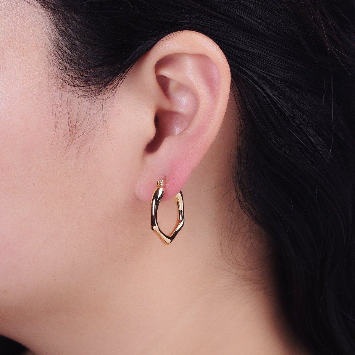 Gold, Silver Hexagonal Abstract Geometric 25mm Latch French Lock Hoop Earrings | AB916 AB444