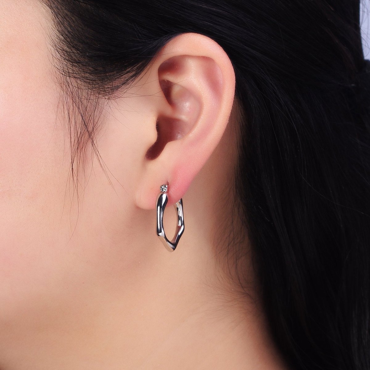 Gold, Silver Hexagonal Abstract Geometric 25mm Latch French Lock Hoop Earrings | AB916 AB444