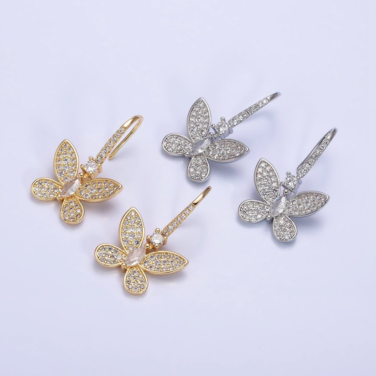 Gold, Silver Mariposa Butterfly Marquise CZ Micro Paved French Hook Earrings | AB585 AB586