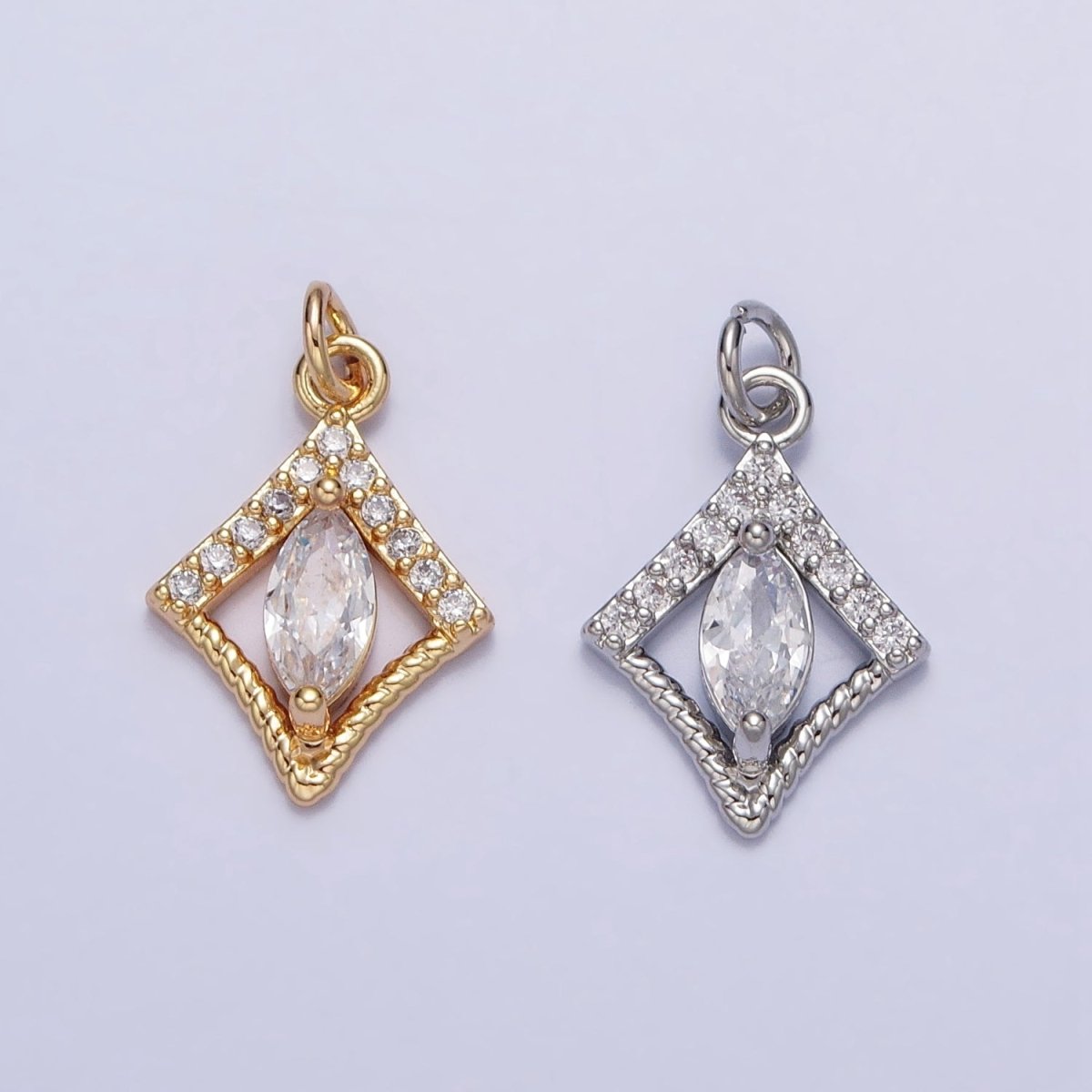 Gold, Silver Marquise Micro Paved Twisted Rhombus Geometric Add-On Charm | AC401 AC949