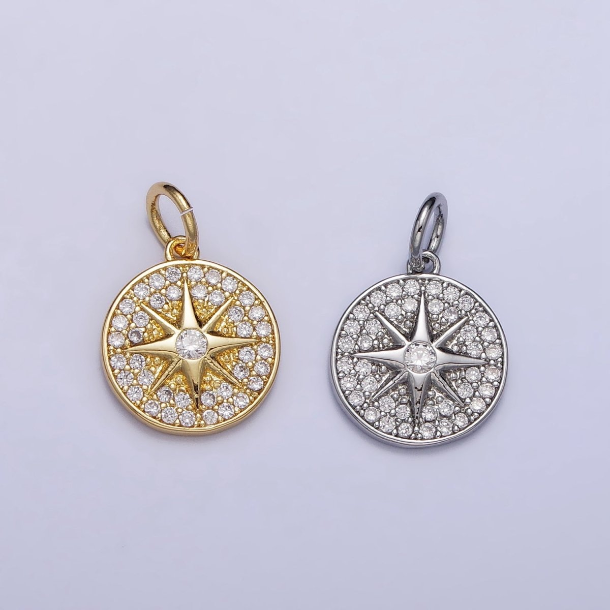 Gold, Silver Micro Paved Celestial North Star Round Coin Charm in Gold & Silver | AC1003 AC1004