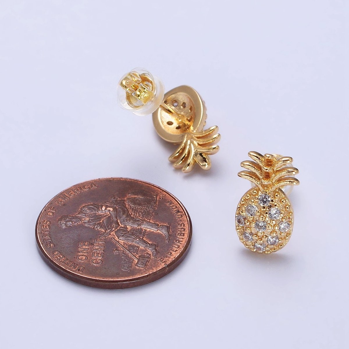 Gold, Silver Micro Paved Clear CZ Pineapple Summer Fruit Stud Earrings | AB364 AB365
