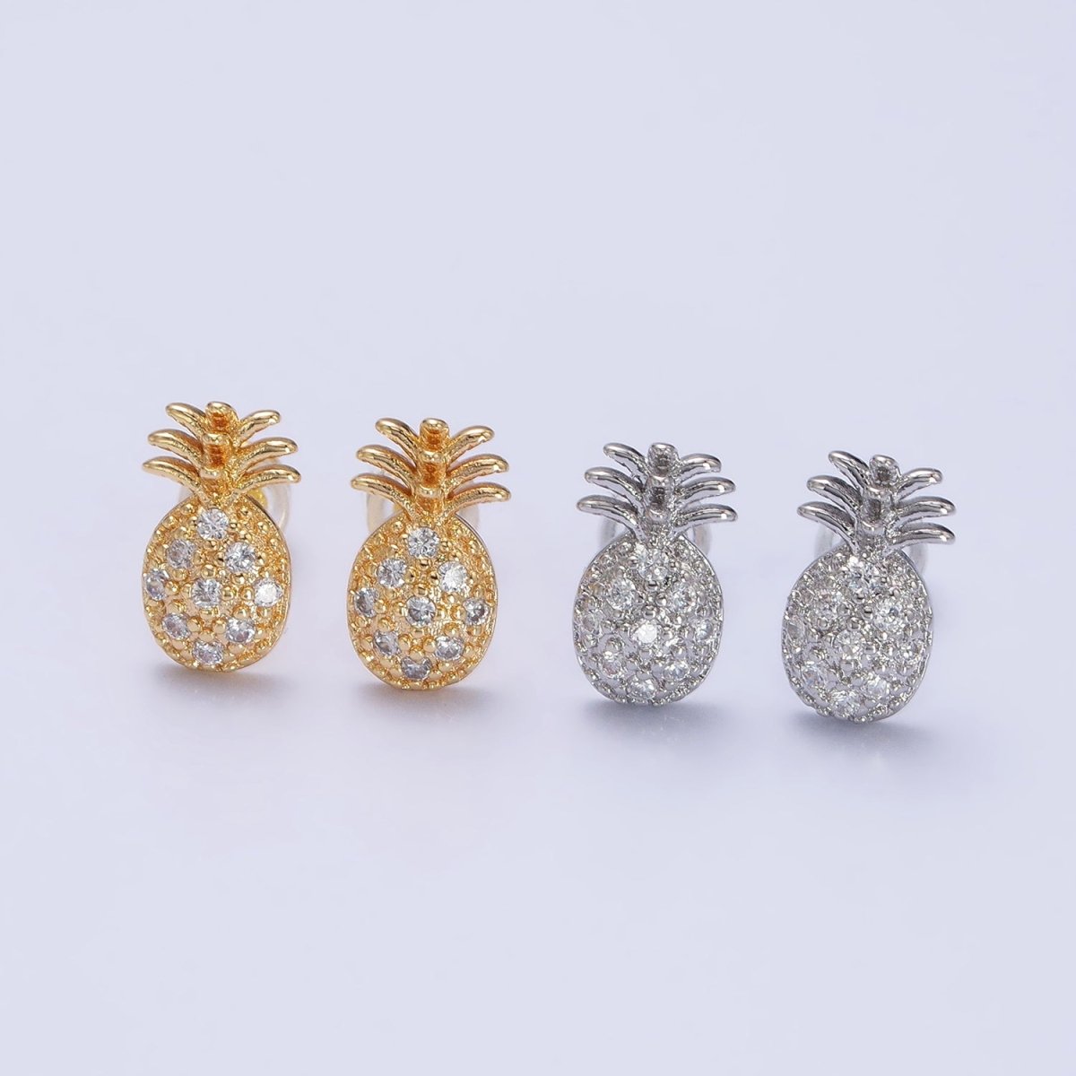Gold, Silver Micro Paved Clear CZ Pineapple Summer Fruit Stud Earrings | AB364 AB365