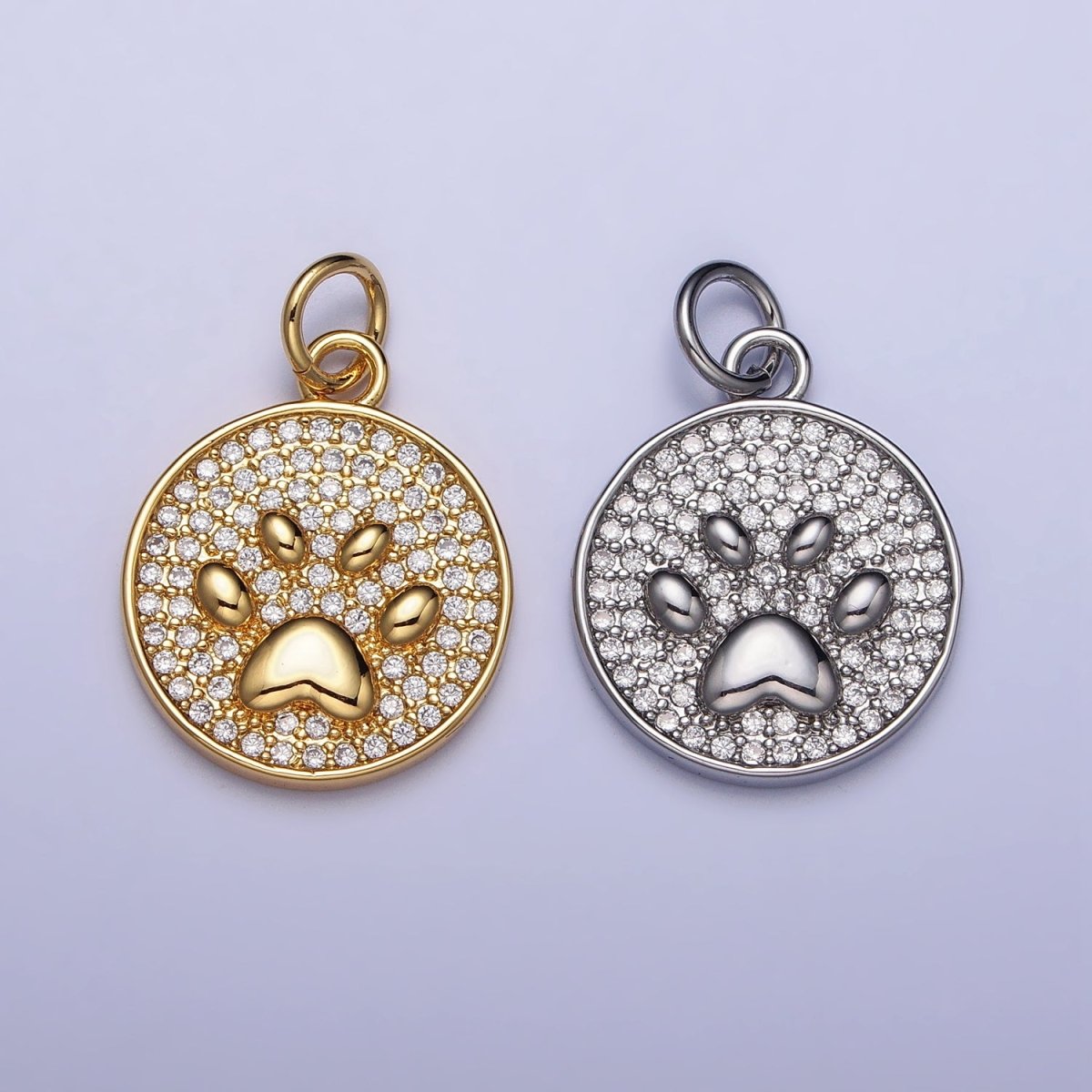 Gold, Silver Micro Paved CZ Animal Pet Pawprint Round Charm | AC1005 AC1006