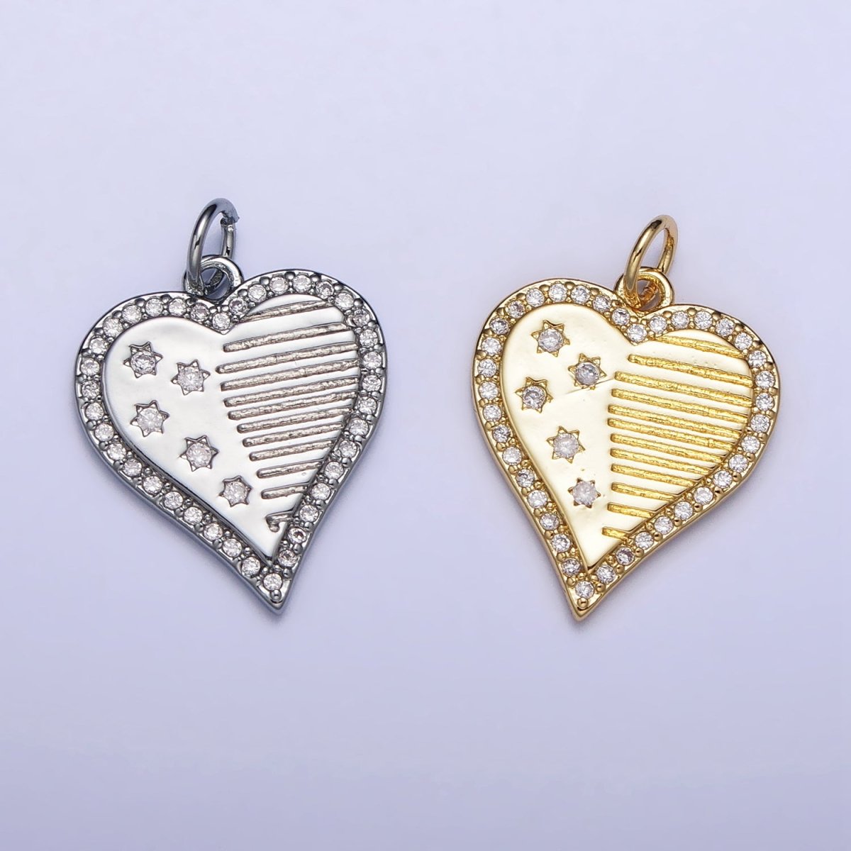 Gold, Silver Micro Paved CZ Celestial Star Sun Half Lined Heart Charm | AC993 AC994
