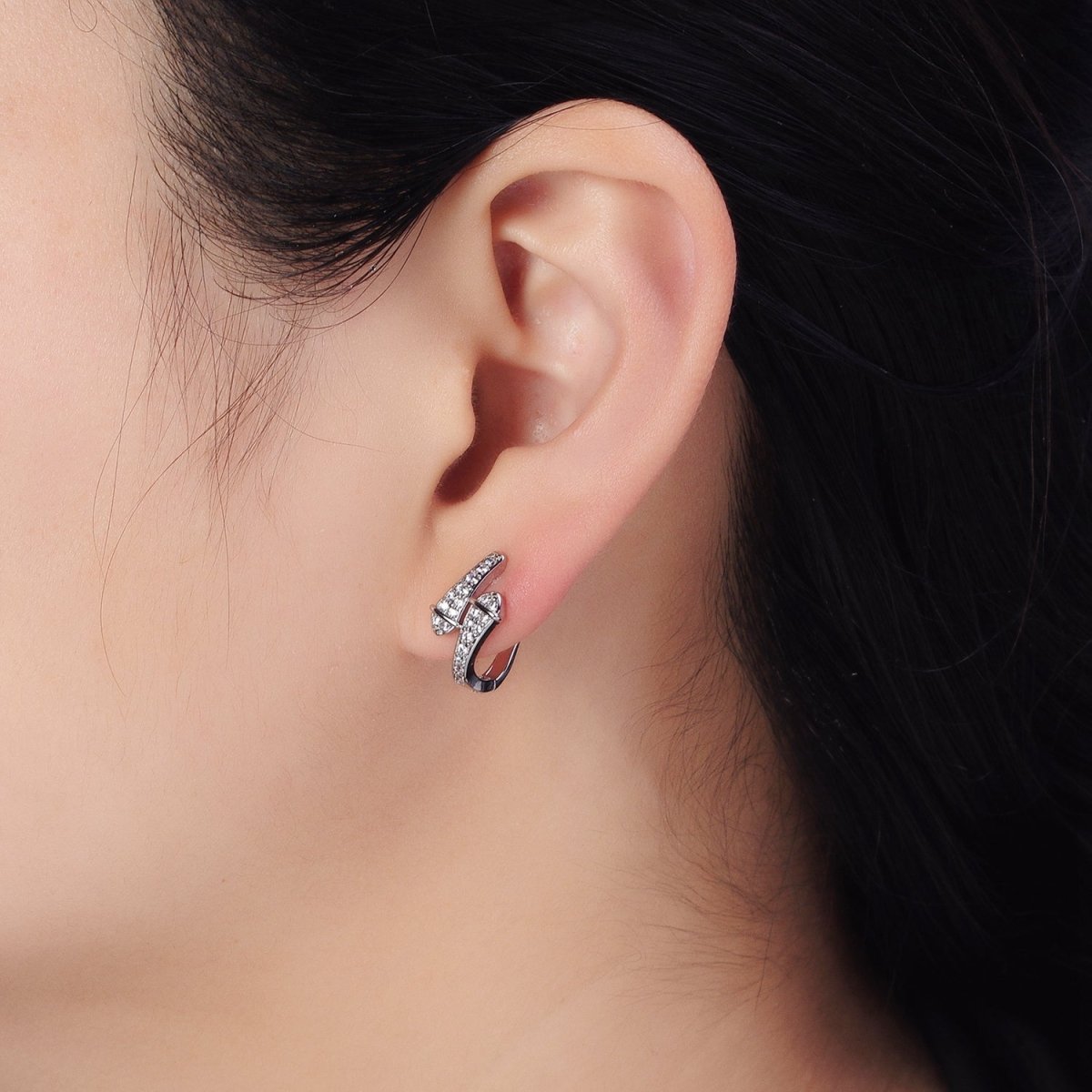 Gold, Silver Micro Paved CZ Double Serpent Snake Geometric English Lock Earrings | AB442 AB451