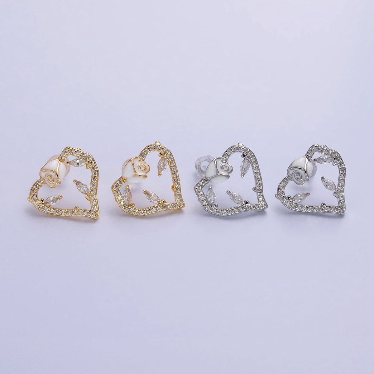 Gold, Silver Micro Paved CZ Geometric Heart White Rose Flower Stud Earrings | AB599 AB600