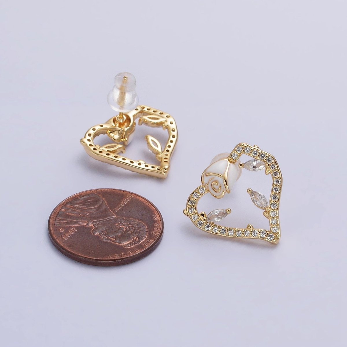 Gold, Silver Micro Paved CZ Geometric Heart White Rose Flower Stud Earrings | AB599 AB600