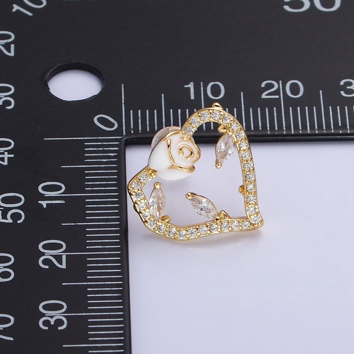 Gold, Silver Micro Paved CZ Geometric Heart White Rose Flower Stud Earrings | AB599 AB600
