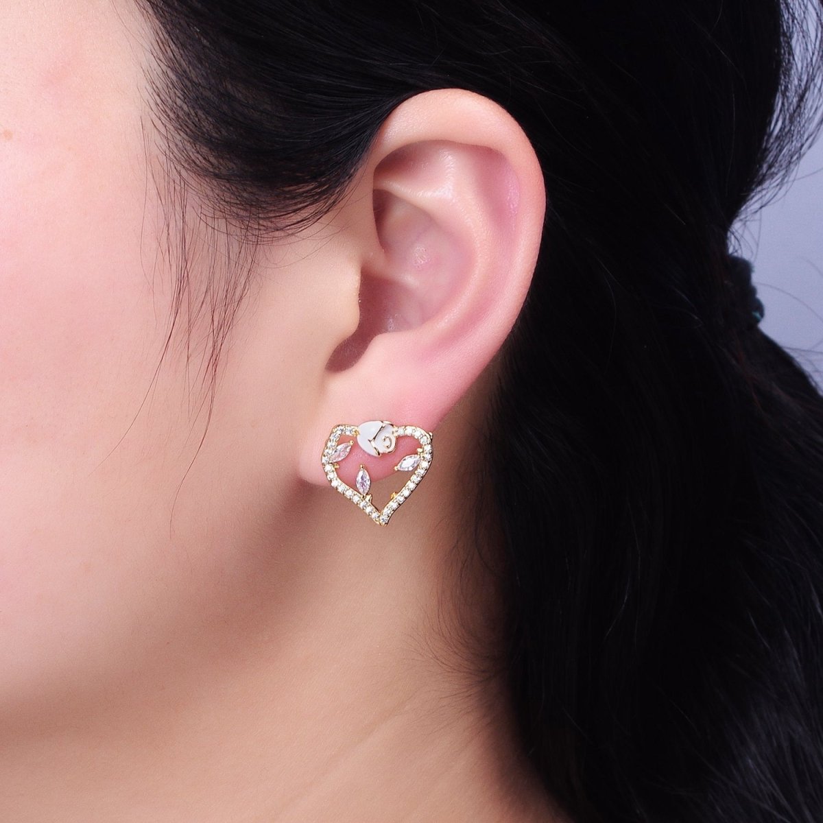 Gold, Silver Micro Paved CZ Geometric Heart White Rose Flower Stud Earrings | AB599 AB600