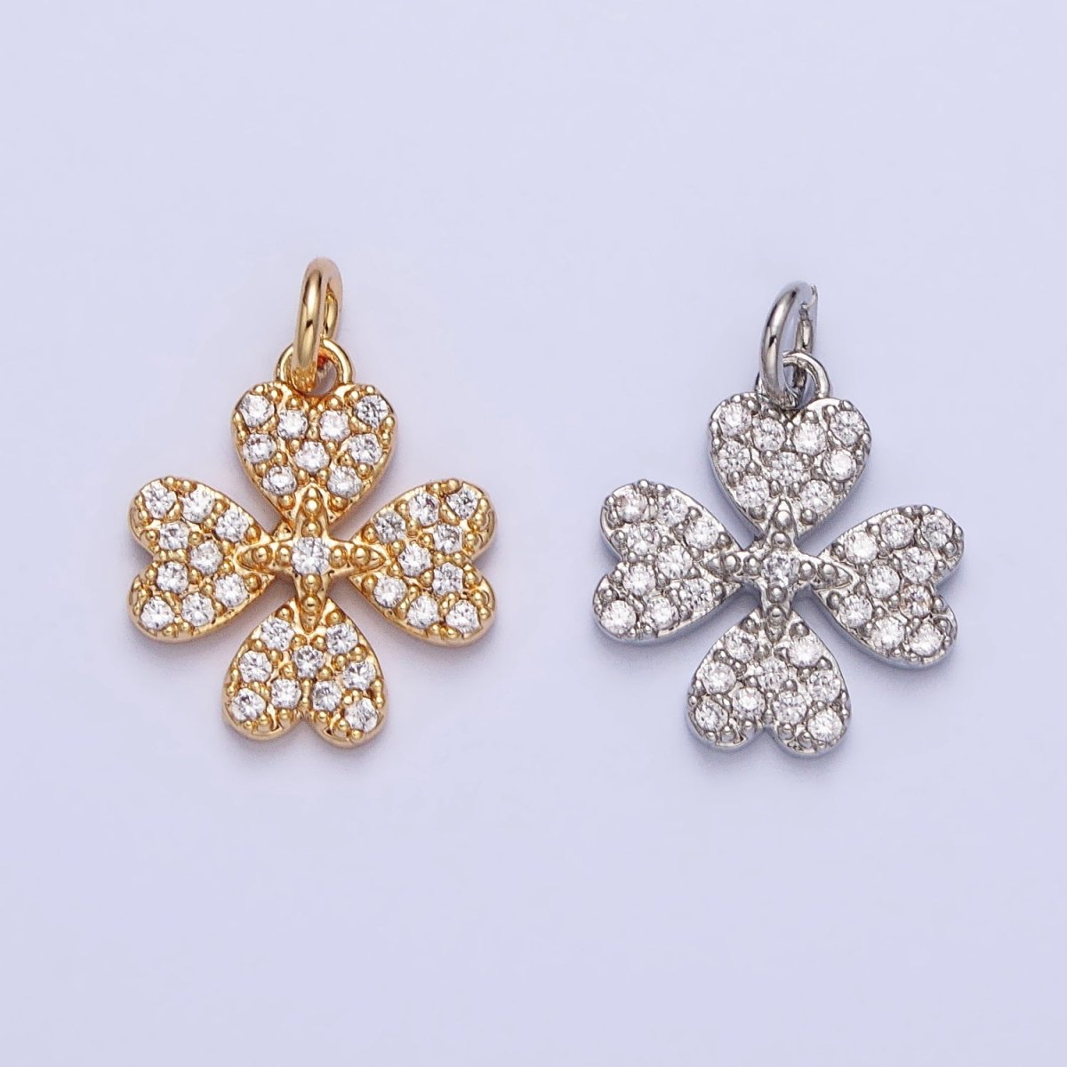 Gold, Silver Micro Paved CZ Heart Petal Clover Quatrefoil Add-On Charm | AC769 AC770