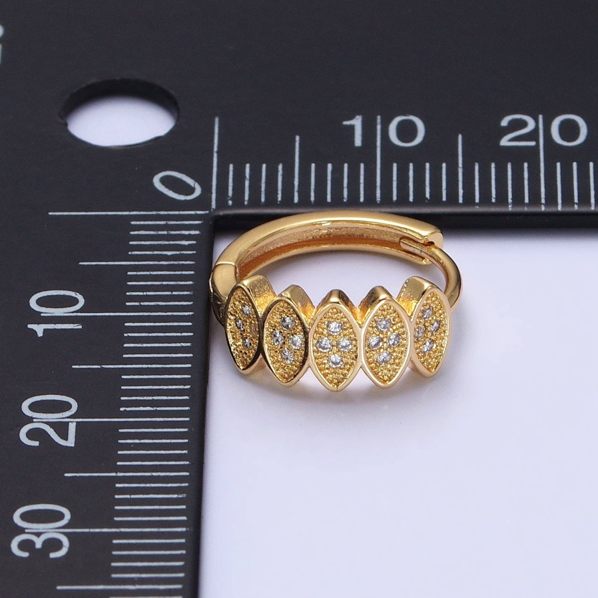 Gold, Silver Micro Paved CZ Marquise Geometric Lined 15mm Huggie Earrings | AB505 AB511