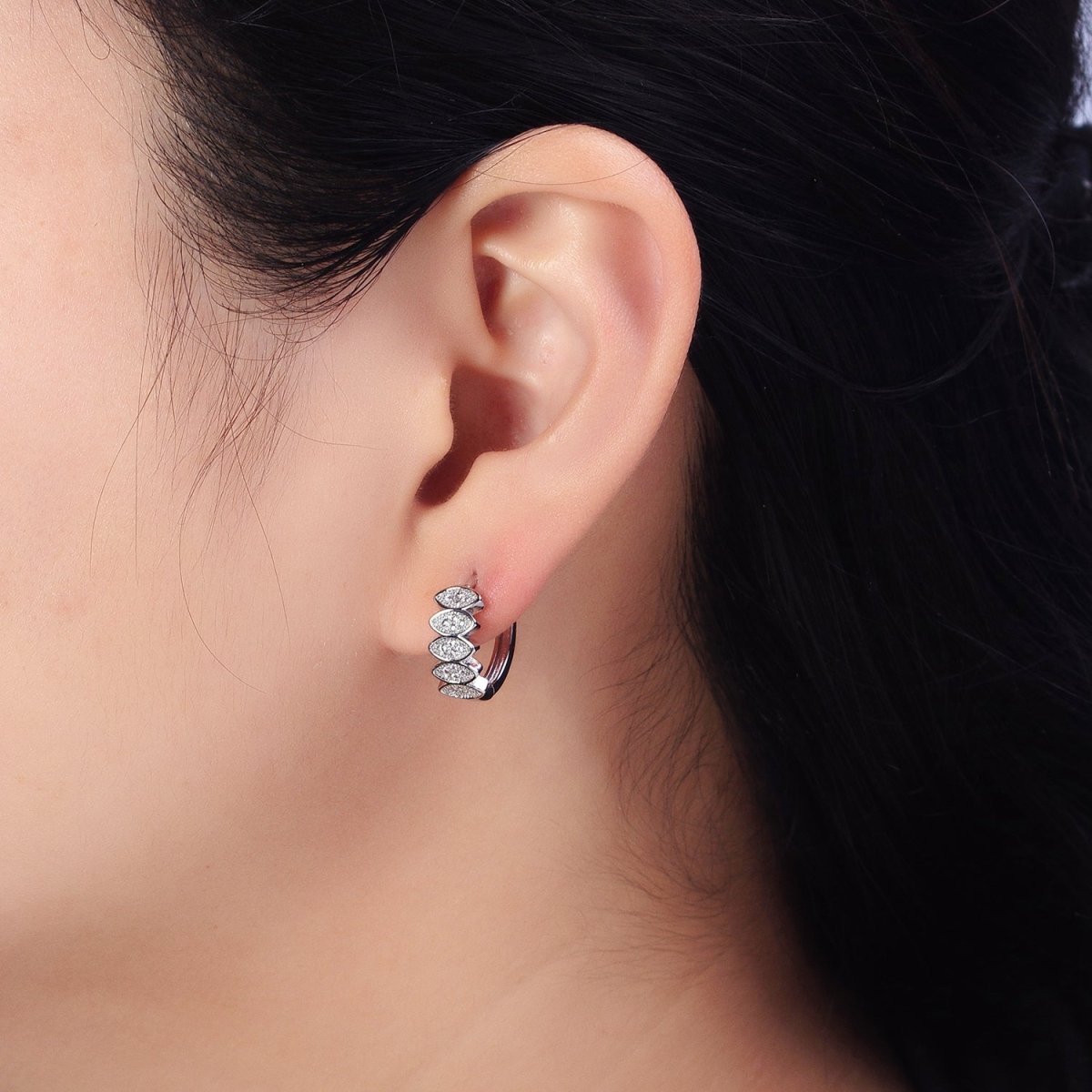 Gold, Silver Micro Paved CZ Marquise Geometric Lined 15mm Huggie Earrings | AB505 AB511