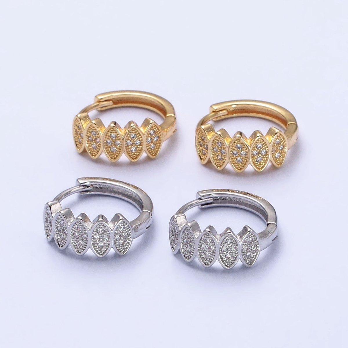 Gold, Silver Micro Paved CZ Marquise Geometric Lined 15mm Huggie Earrings | AB505 AB511