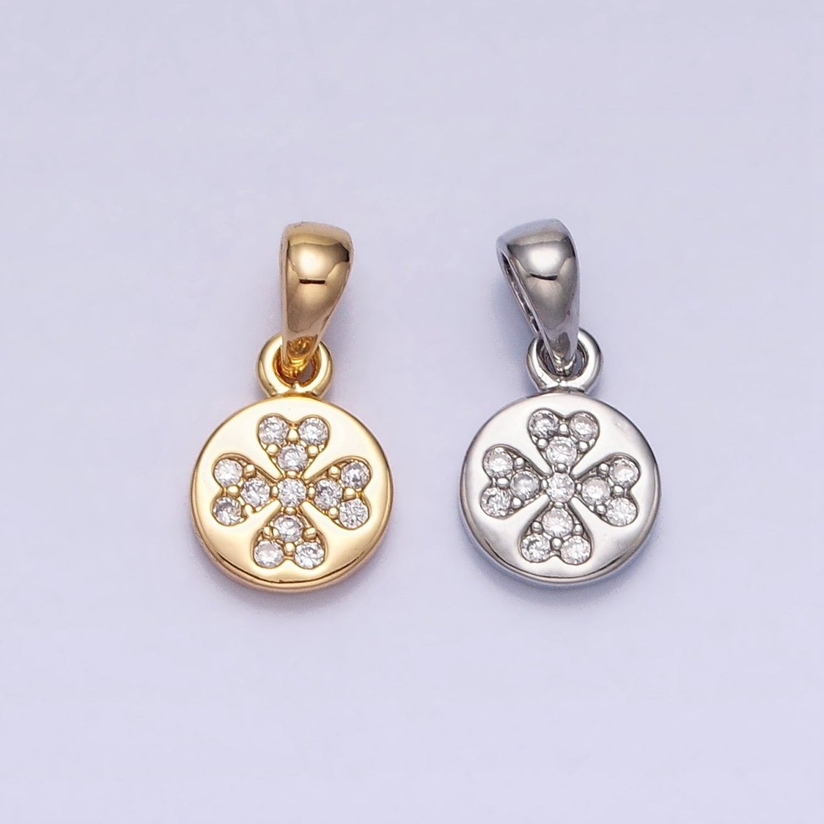 Gold, Silver Mini Micro Paved CZ Love Clover Quatrefoil 6.6mm Round Pendant | AA347 AA348
