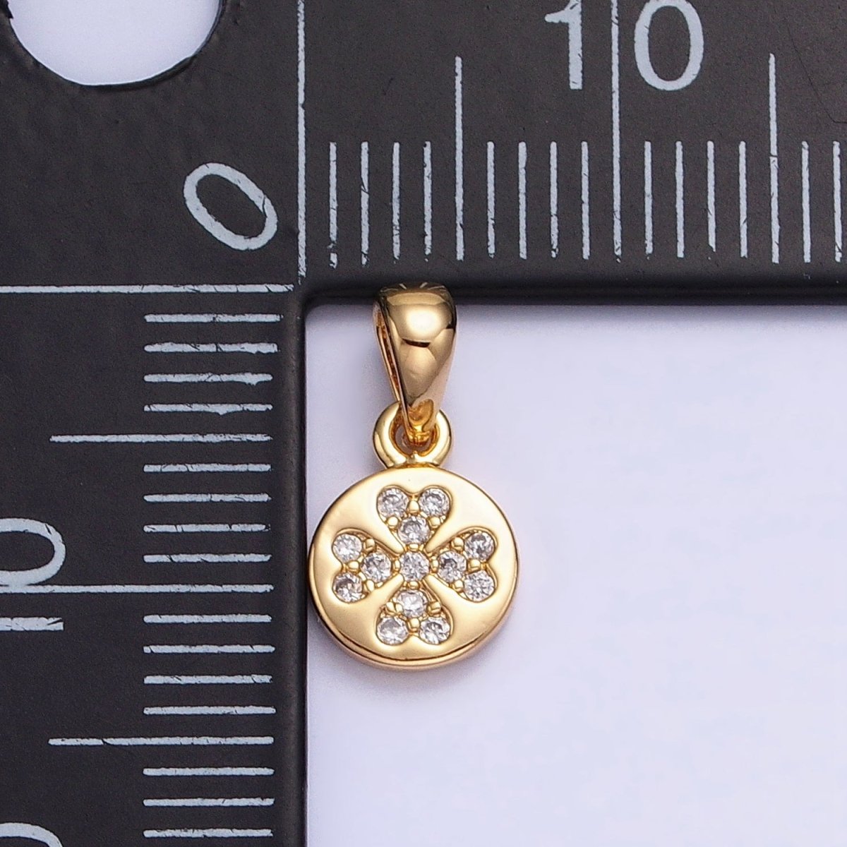 Gold, Silver Mini Micro Paved CZ Love Clover Quatrefoil 6.6mm Round Pendant | AA347 AA348