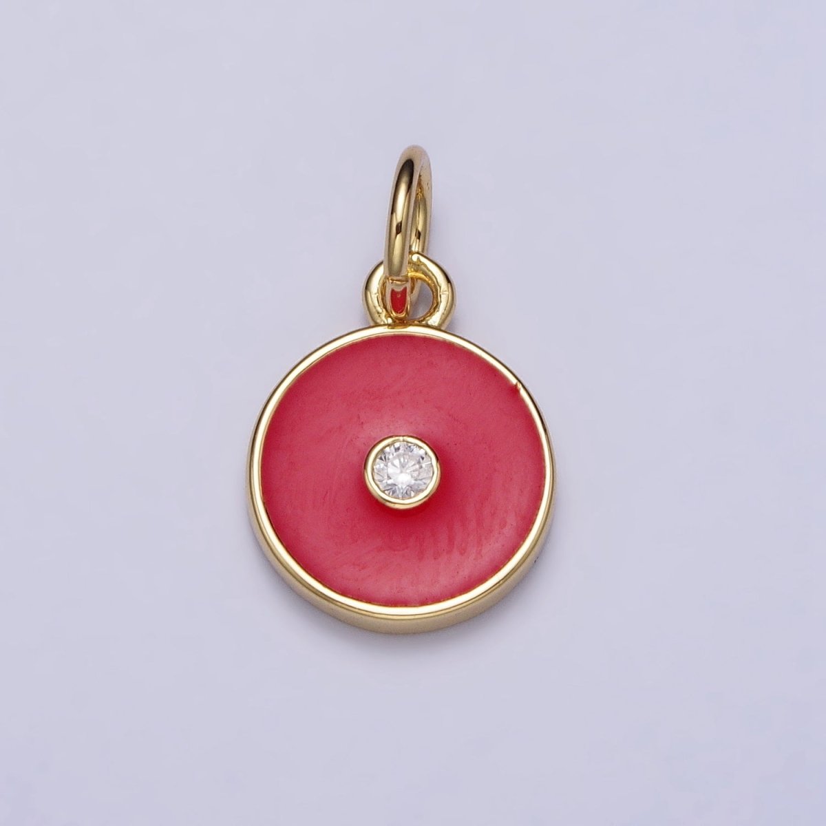 Gold, Silver Minimalist Red, Pink, Blue Enamel Clear CZ Round Coin Charm | AC1024 - AC1029