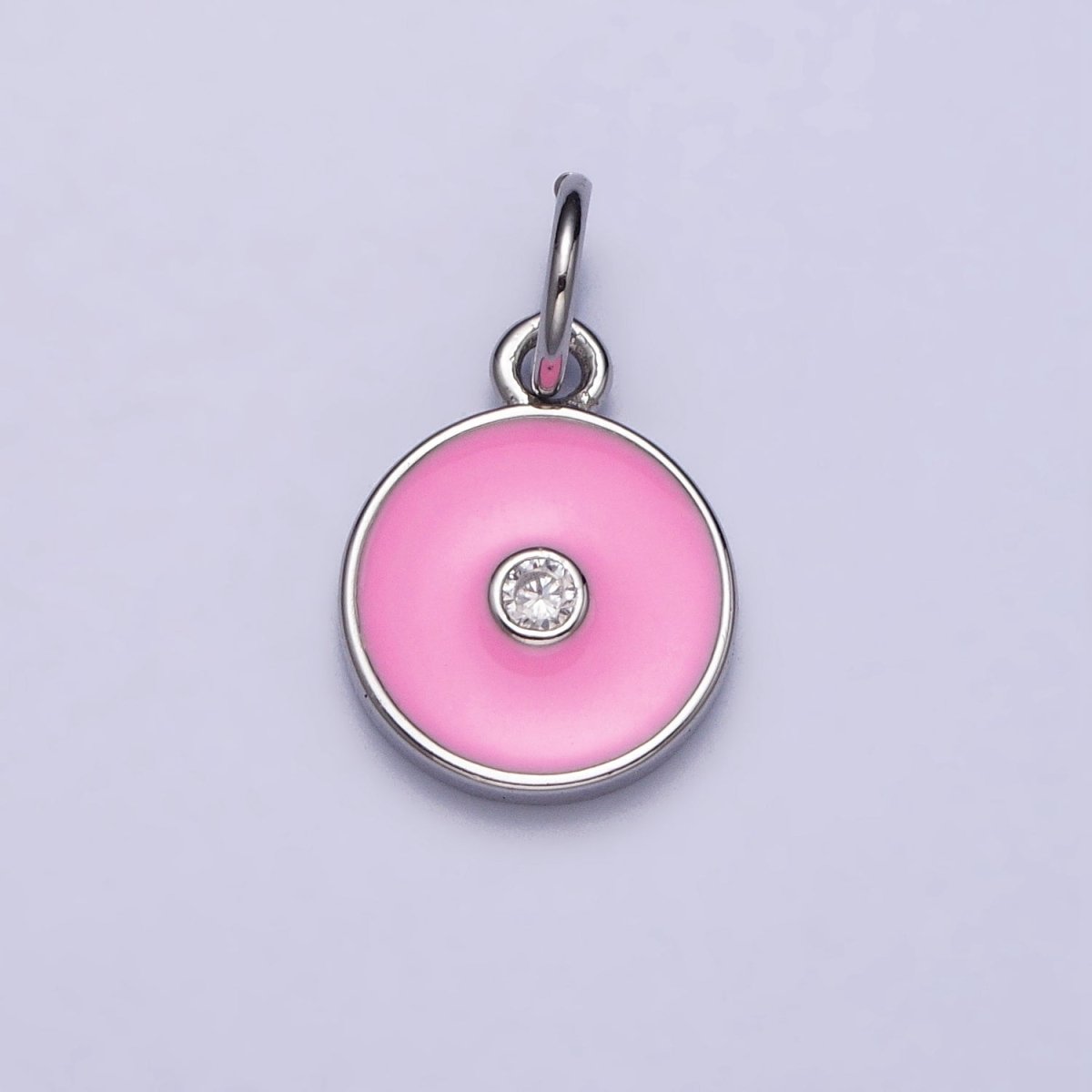 Gold, Silver Minimalist Red, Pink, Blue Enamel Clear CZ Round Coin Charm | AC1024 - AC1029