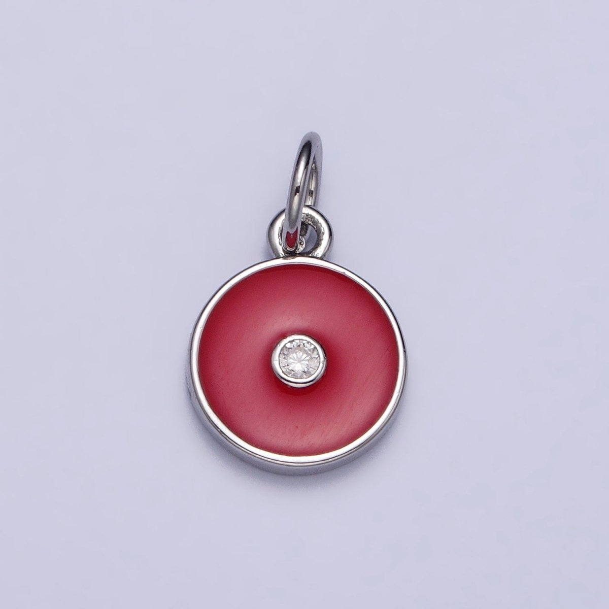 Gold, Silver Minimalist Red, Pink, Blue Enamel Clear CZ Round Coin Charm | AC1024 - AC1029