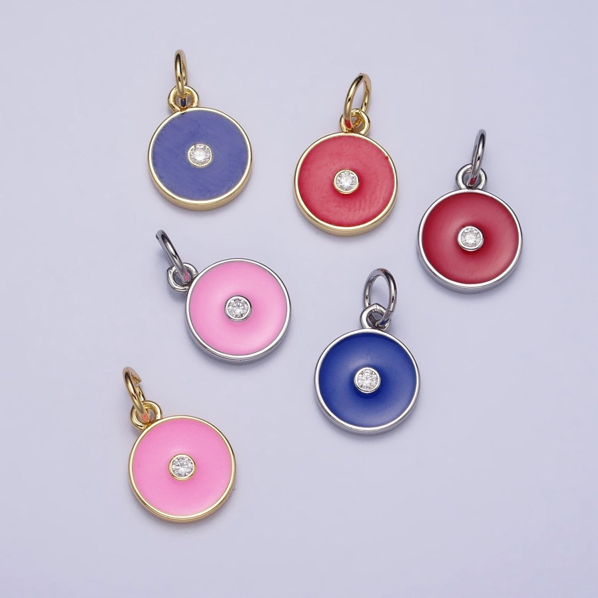 Gold, Silver Minimalist Red, Pink, Blue Enamel Clear CZ Round Coin Charm | AC1024 - AC1029