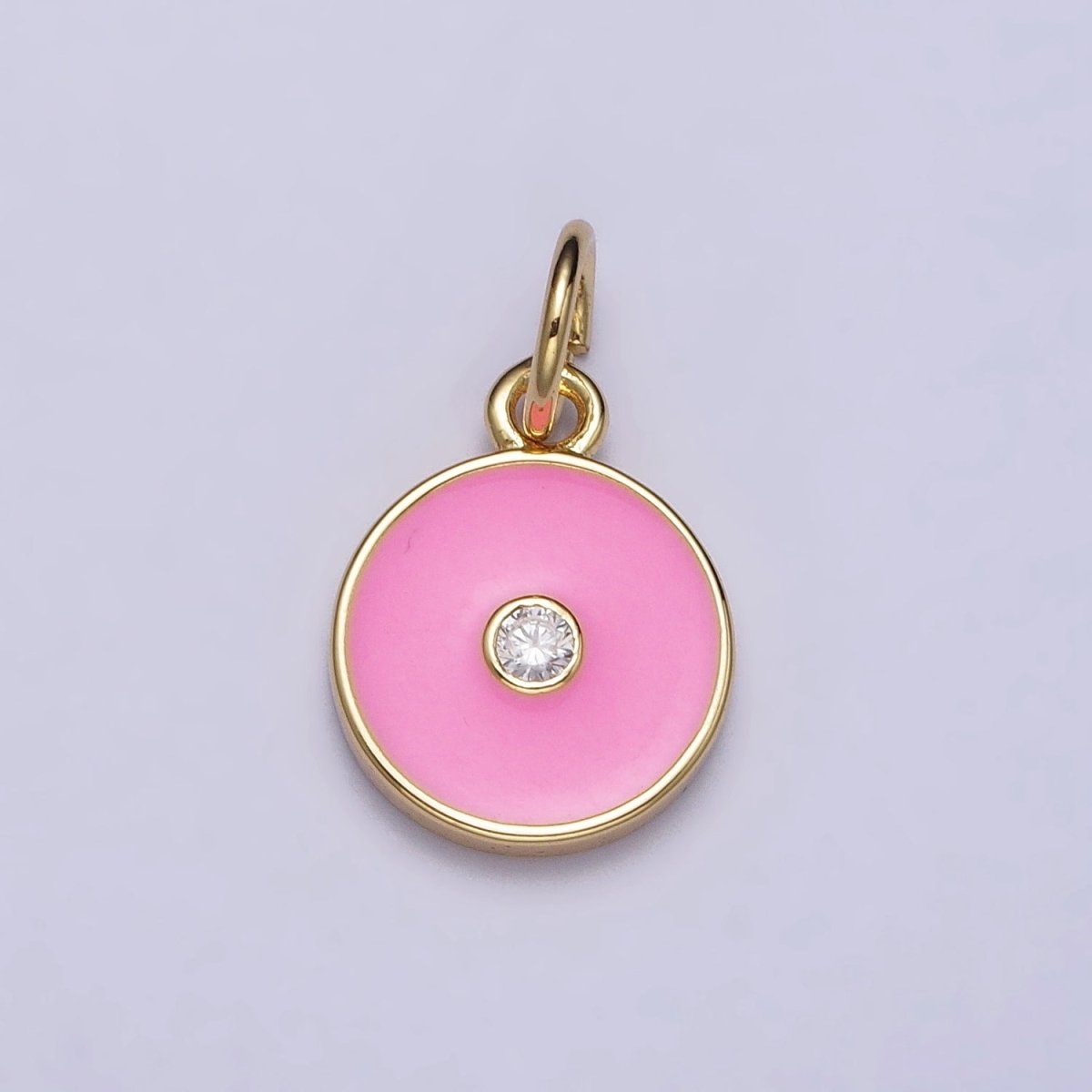 Gold, Silver Minimalist Red, Pink, Blue Enamel Clear CZ Round Coin Charm | AC1024 - AC1029