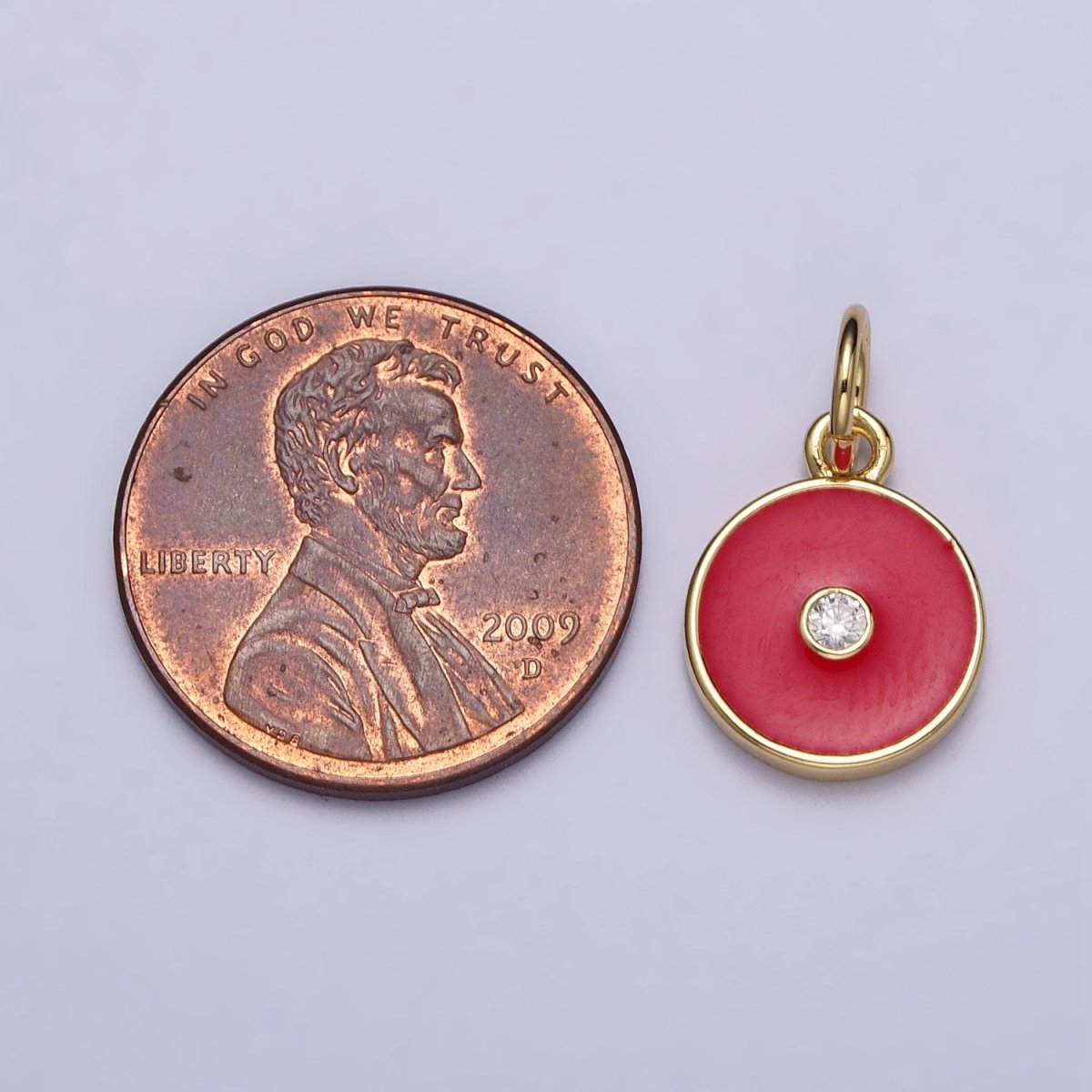 Gold, Silver Minimalist Red, Pink, Blue Enamel Clear CZ Round Coin Charm | AC1024 - AC1029