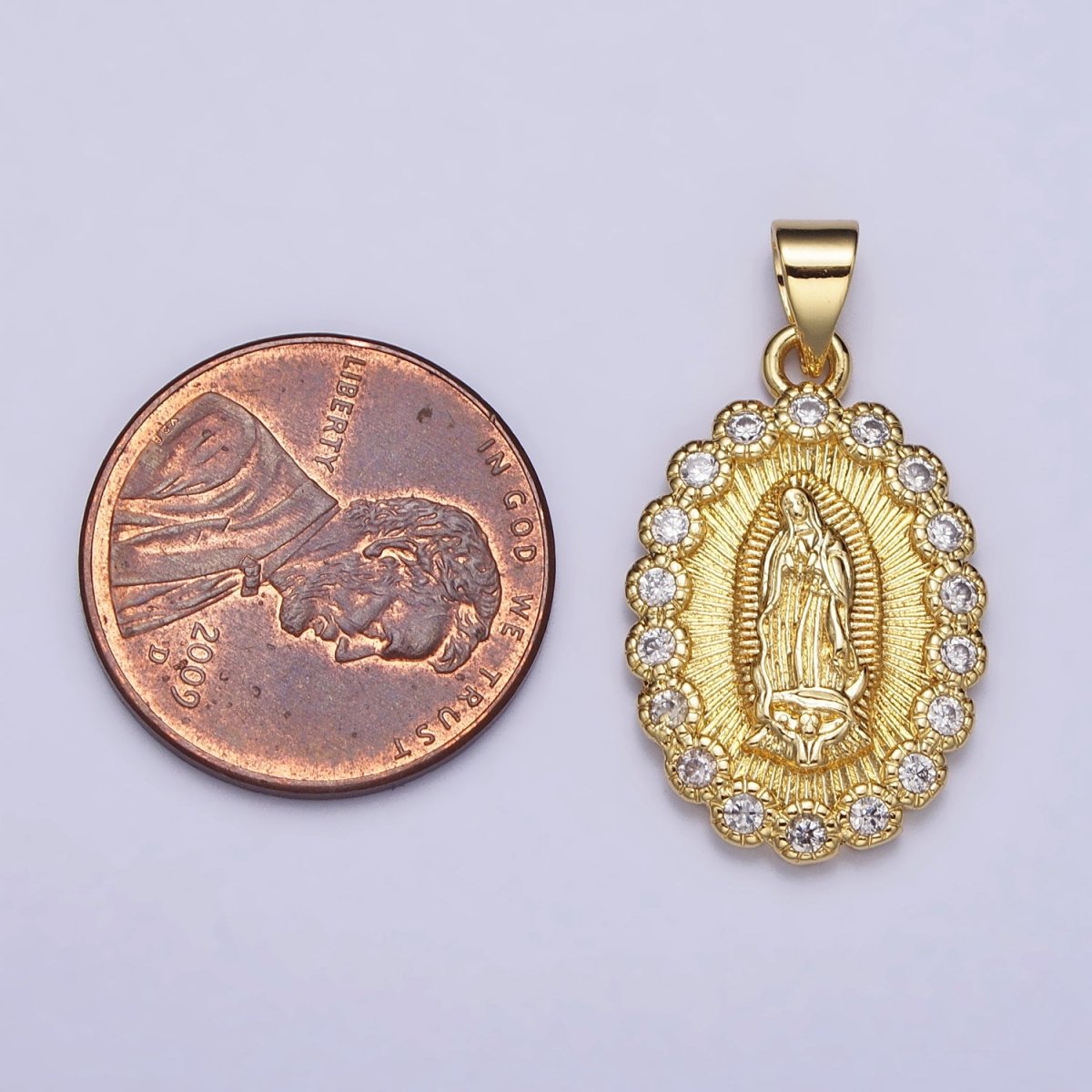Gold, Silver Mother Mary Lady Guadalupe Lined Clear Round CZ Oval Pendant | AA393 AA406