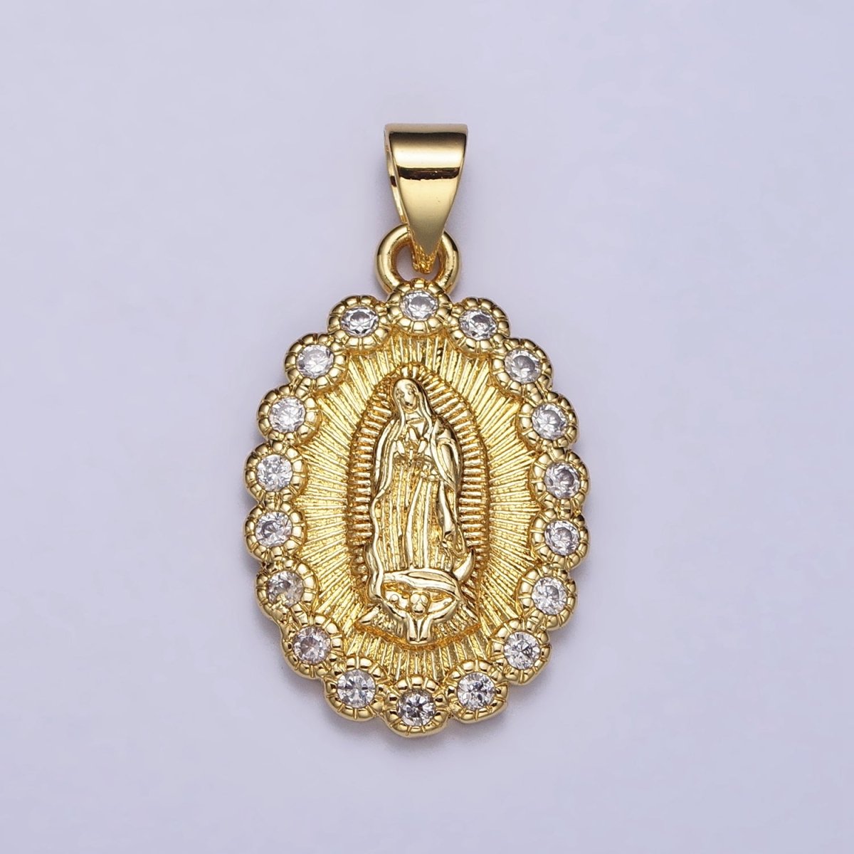 Gold, Silver Mother Mary Lady Guadalupe Lined Clear Round CZ Oval Pendant | AA393 AA406