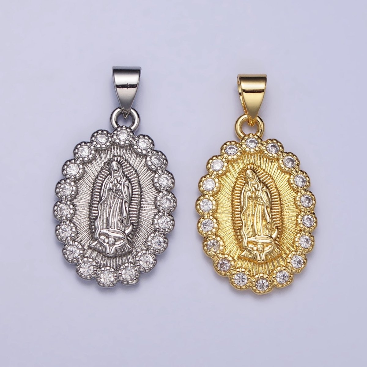Gold, Silver Mother Mary Lady Guadalupe Lined Clear Round CZ Oval Pendant | AA393 AA406
