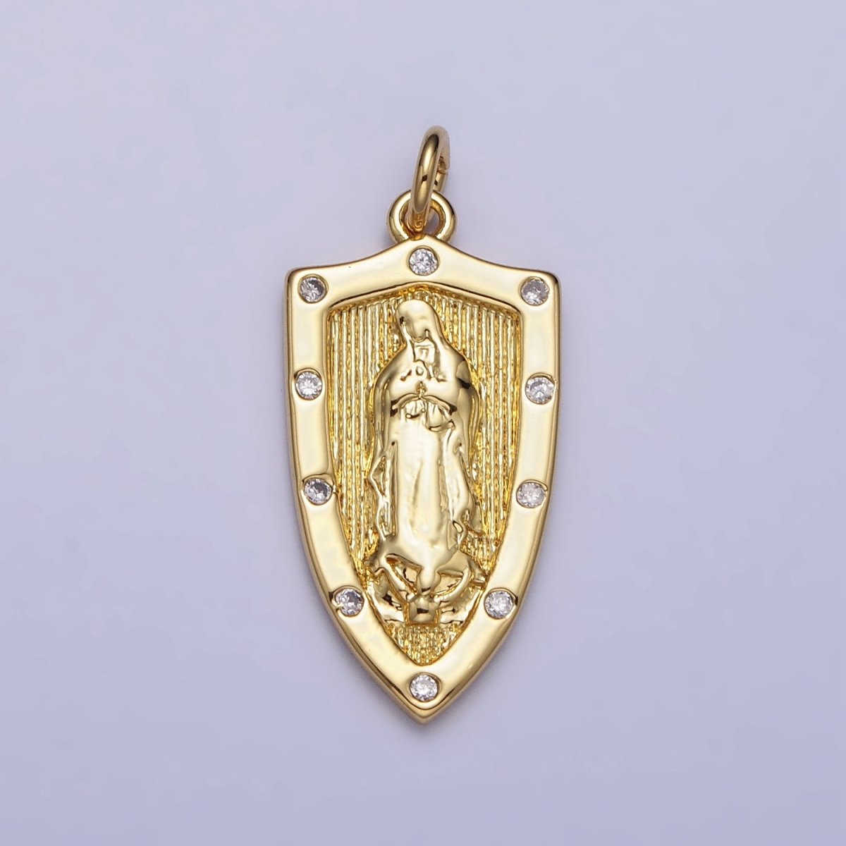 Gold, Silver Mother Mary Lady Guadalupe Lined CZ Dotted Shield Charm | AC975 AC1010