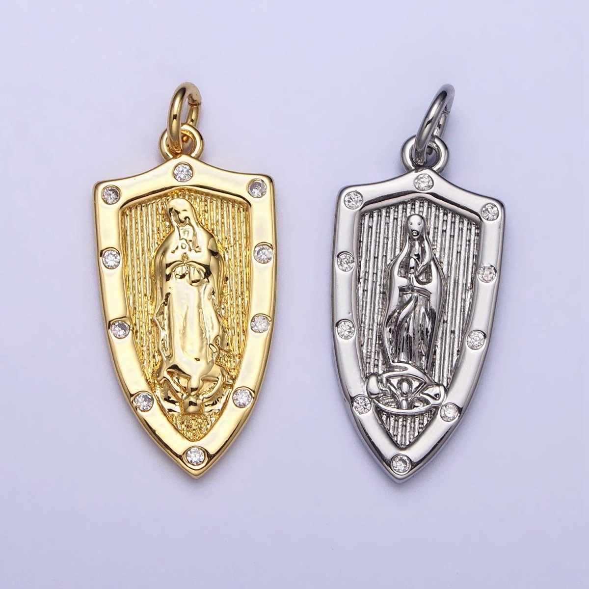 Gold, Silver Mother Mary Lady Guadalupe Lined CZ Dotted Shield Charm | AC975 AC1010