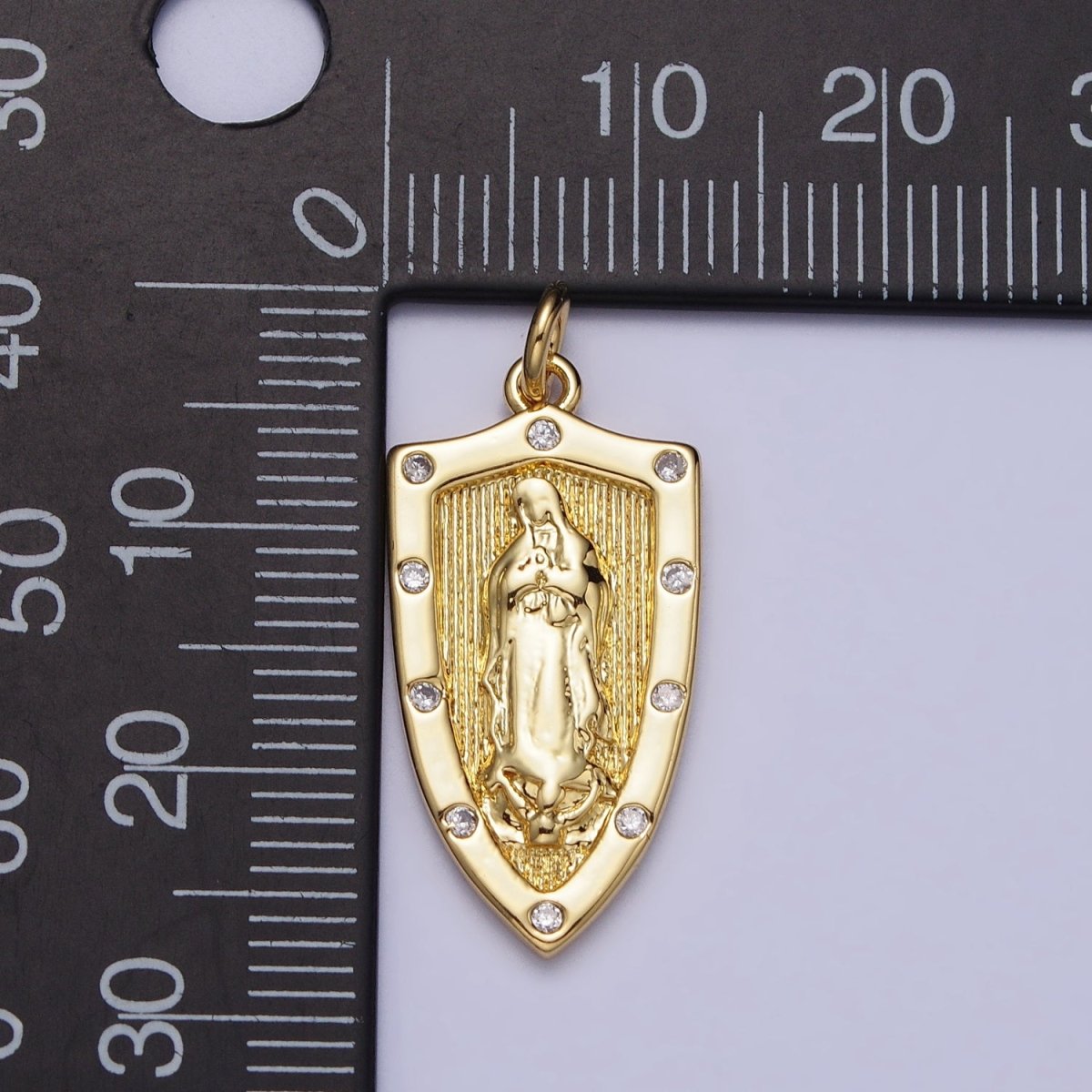 Gold, Silver Mother Mary Lady Guadalupe Lined CZ Dotted Shield Charm | AC975 AC1010