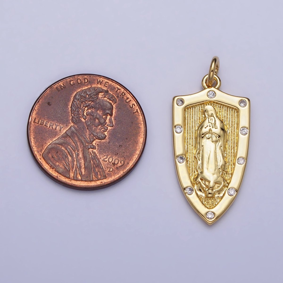 Gold, Silver Mother Mary Lady Guadalupe Lined CZ Dotted Shield Charm | AC975 AC1010