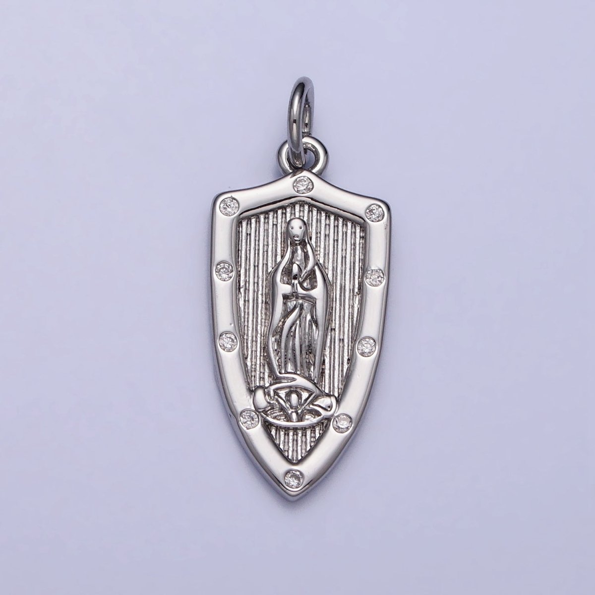 Gold, Silver Mother Mary Lady Guadalupe Lined CZ Dotted Shield Charm | AC975 AC1010
